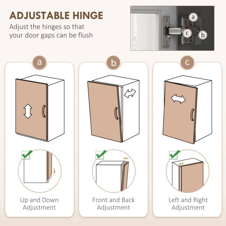 ADJUSTABLE HINGE

Adjust the hinges so that your door gaps can be flush

a
b
a
b

Up and Down Adjustment
Front and Back Adjustment
Left and Right Adjustment