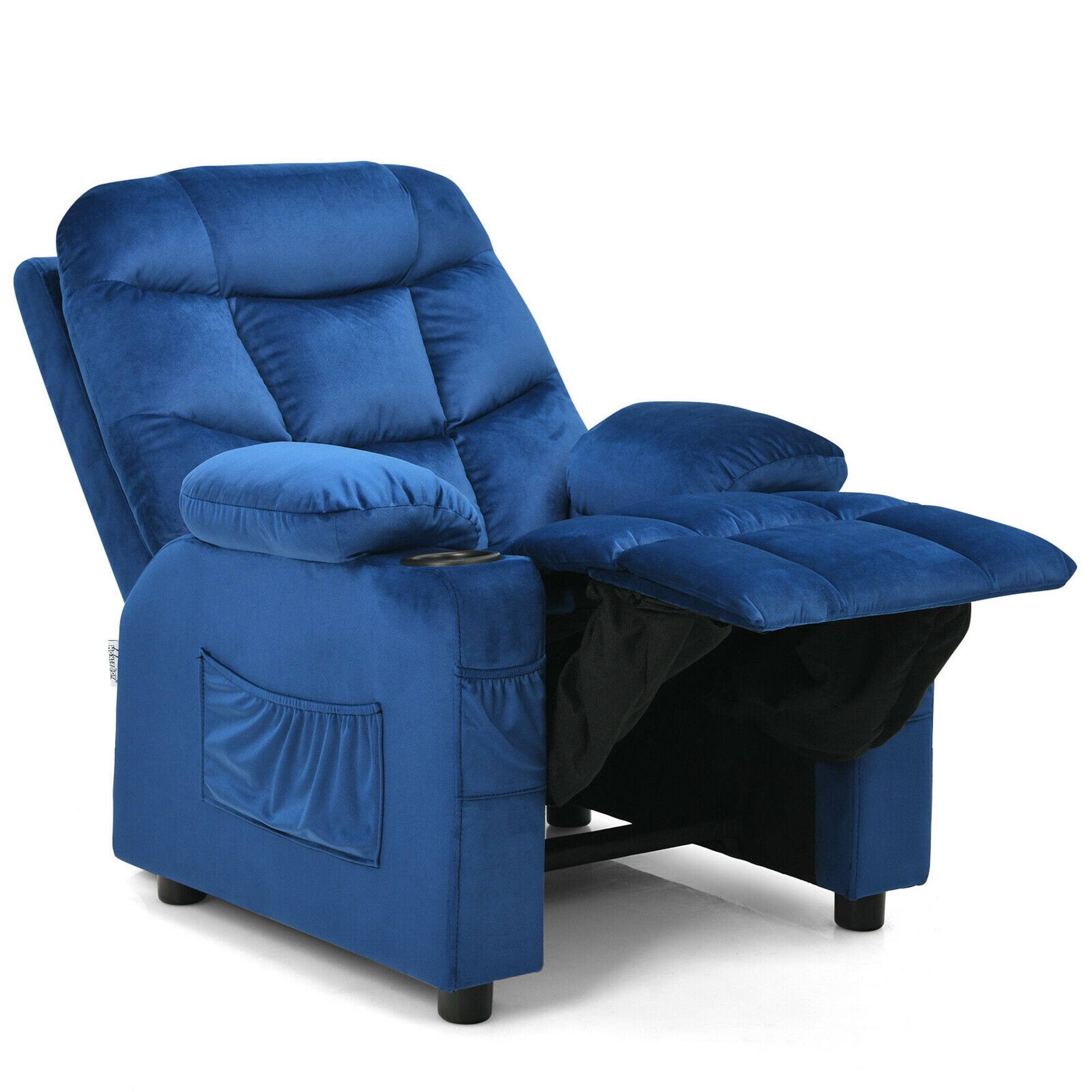 Alt View 9. Gymax - Gymax Kids Youth Recliner Chair Velvet Fabric w/Cup Holder & Side Pocket Blue - Blue.