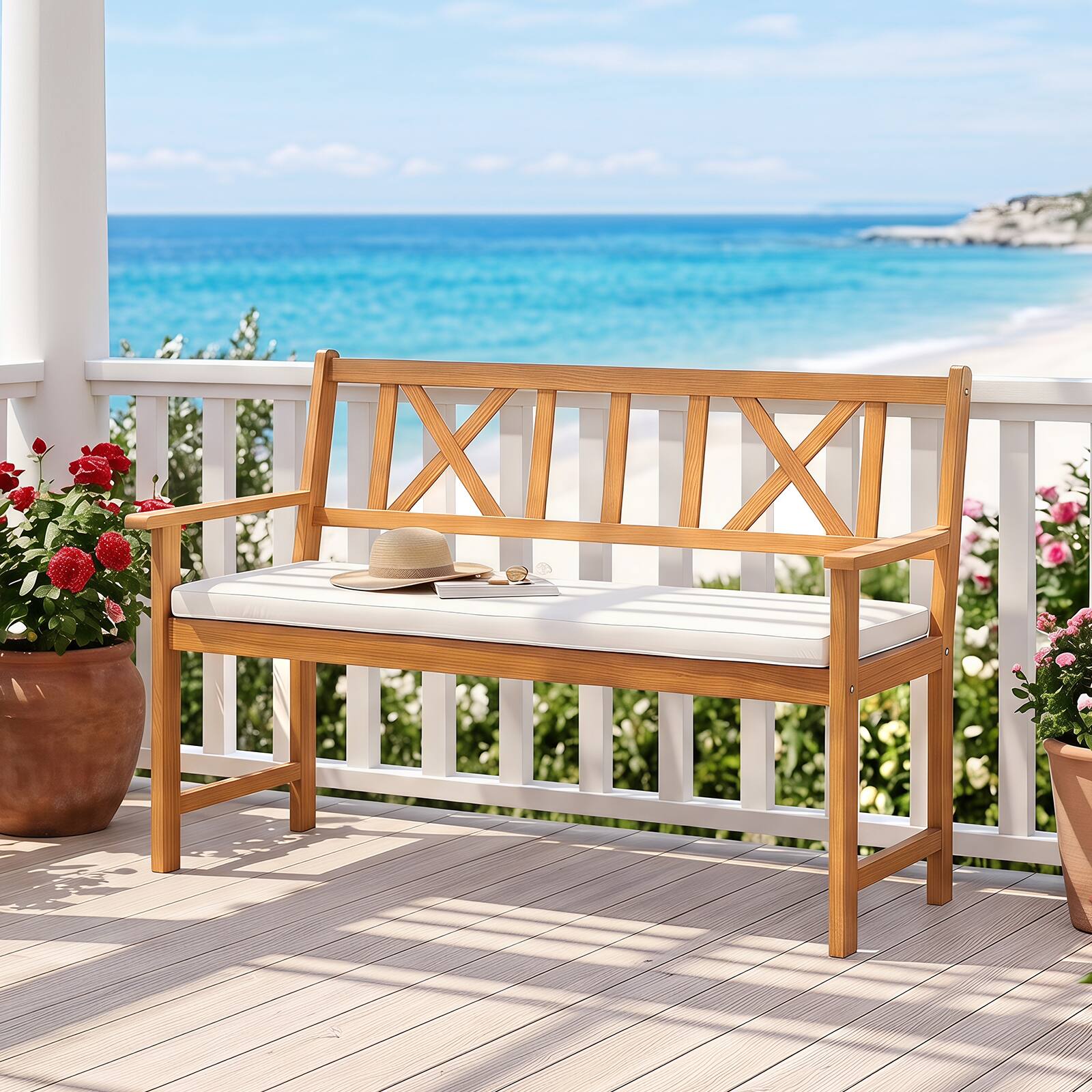 Alt View 3. Gymax - Gymax 2-Person Patio Acacia Wood Garden Chair w/ Removable Seat Cushion Armrests Natural & White - White.