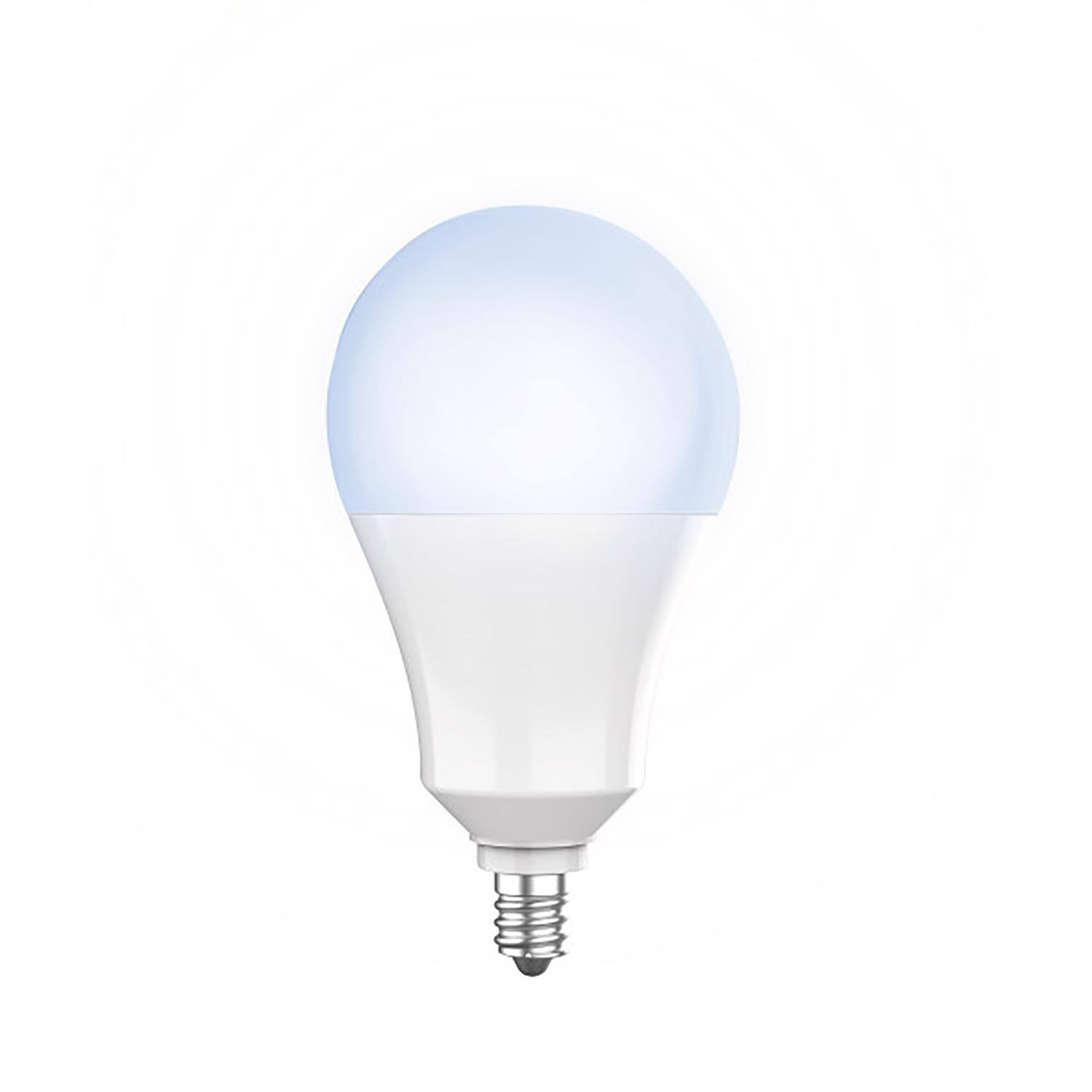 Left. FEIT ELECTRIC - Feit A19 E12 (Candelabra) LED Dusk to Dawn Bulb Daylight 60 Watt Equivalence 1 pk.