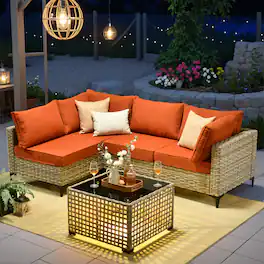 Ovios - 5 PCS Sectional Patio Furniture Set Outdoor Rattan Comfy Sofa with Coffee Table for Garden - Orange Red