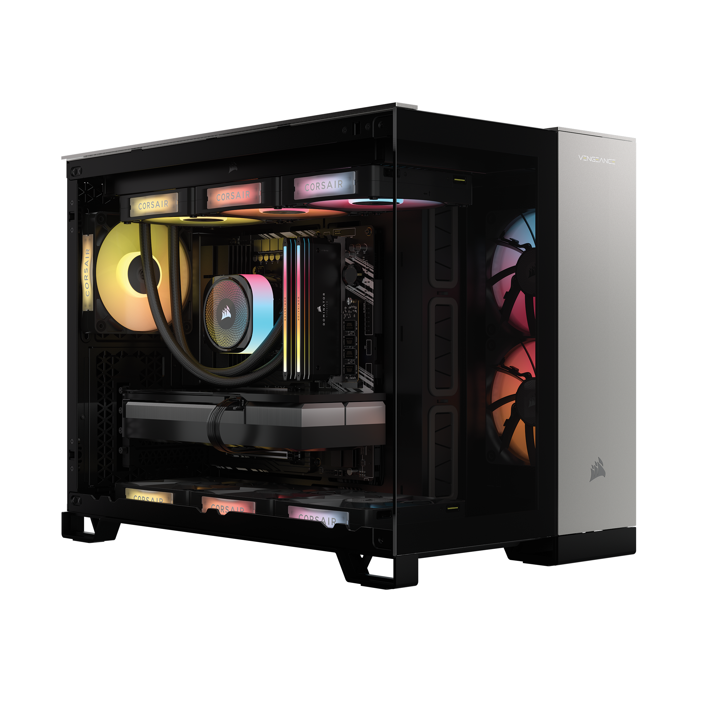 The image shows a Corsair computer case with a black and silver color scheme. The case is open, revealing the internal components, including a motherboard, a CPU, and two hard drives. There are also two fans inside the case, one on the left side and another on the right side. The case is designed to hold a desktop computer and is equipped with various components to ensure optimal performance.