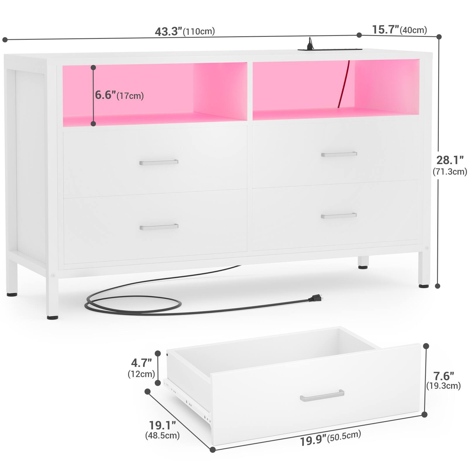 43.3" (110cm)  
15.7" (40cm)  
6.6" (17cm)  
28.1" (71.3cm)  
4.7" (12cm)  
7.6" (19.3cm)  
19.1" (48.5cm)  
19.9" (50.5cm)