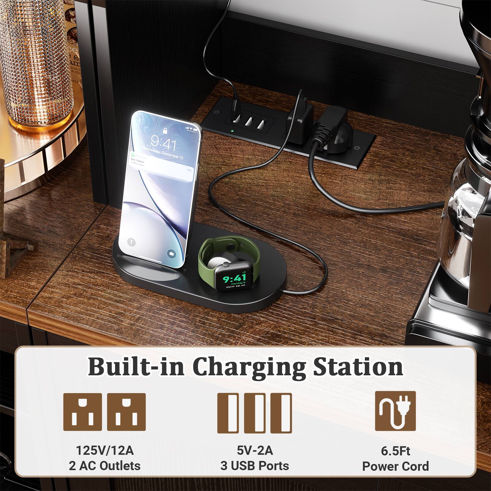 ce MT N Mbanabdry 9:41 September 13 - I 9:41  
Built-in Charging Station  
125V/12A  
2 AC Outlets  
3 USB Ports  
5V-2A  
6.5Ft  
Power Cord