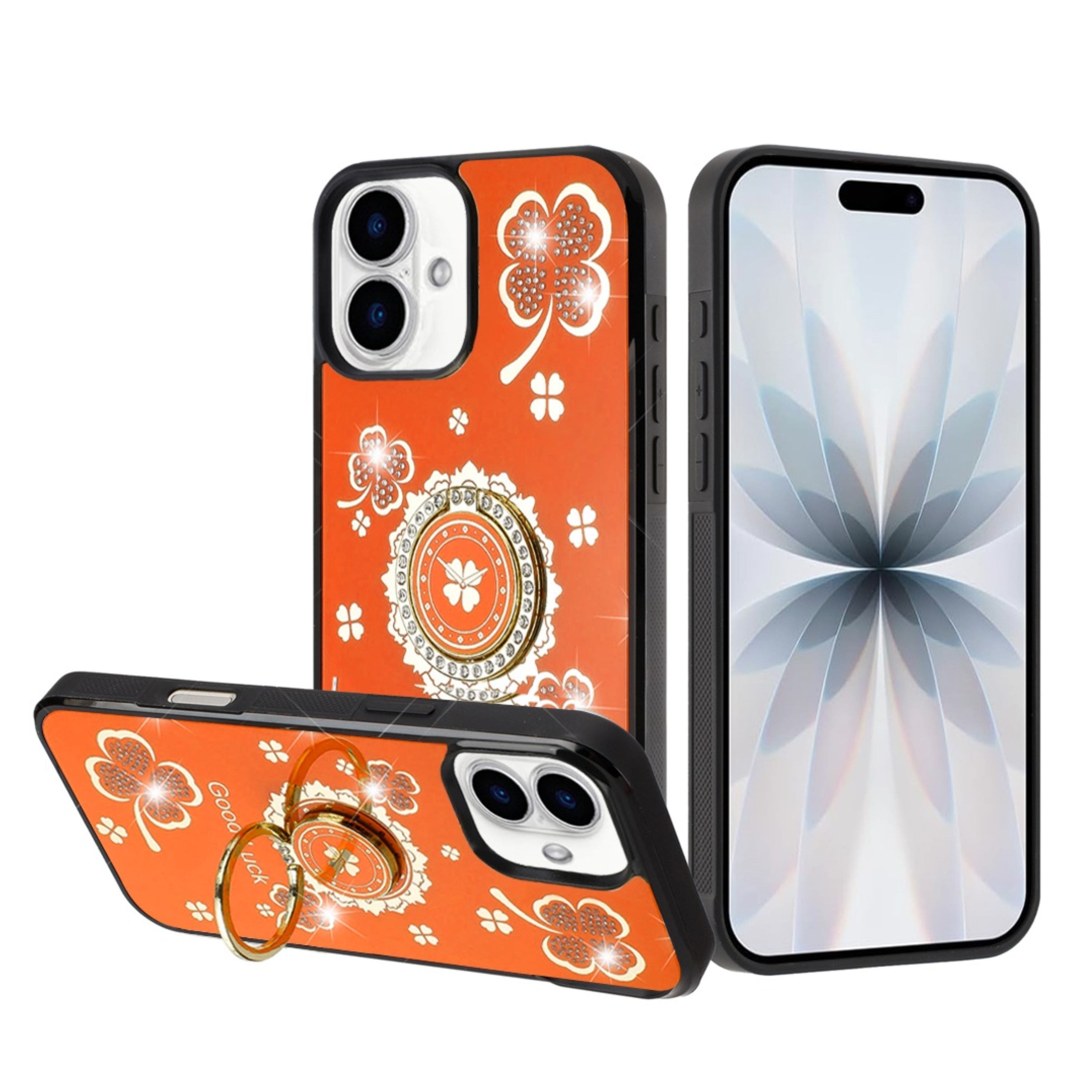 Kitcheniva - Rhinestone Glitter Clover Design Phone Case With Tempered Glass For iPhone 17 - Cosmic Orange