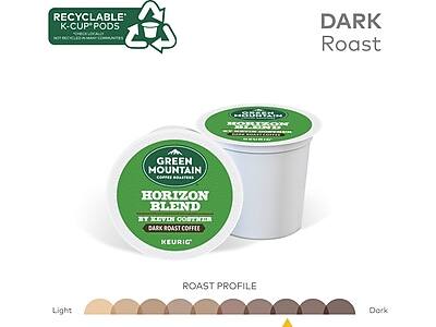 RECYCLABLE K-CUP PODS  
GREEN MOUNTAIN COFFEE ROASTERS  
HORIZON BLEND BY KEVIN COSTNER  
DARK ROAST COFFEE  
KEURIG  

DARK Roast  

ROAST PROFILE  
Light  
Dark