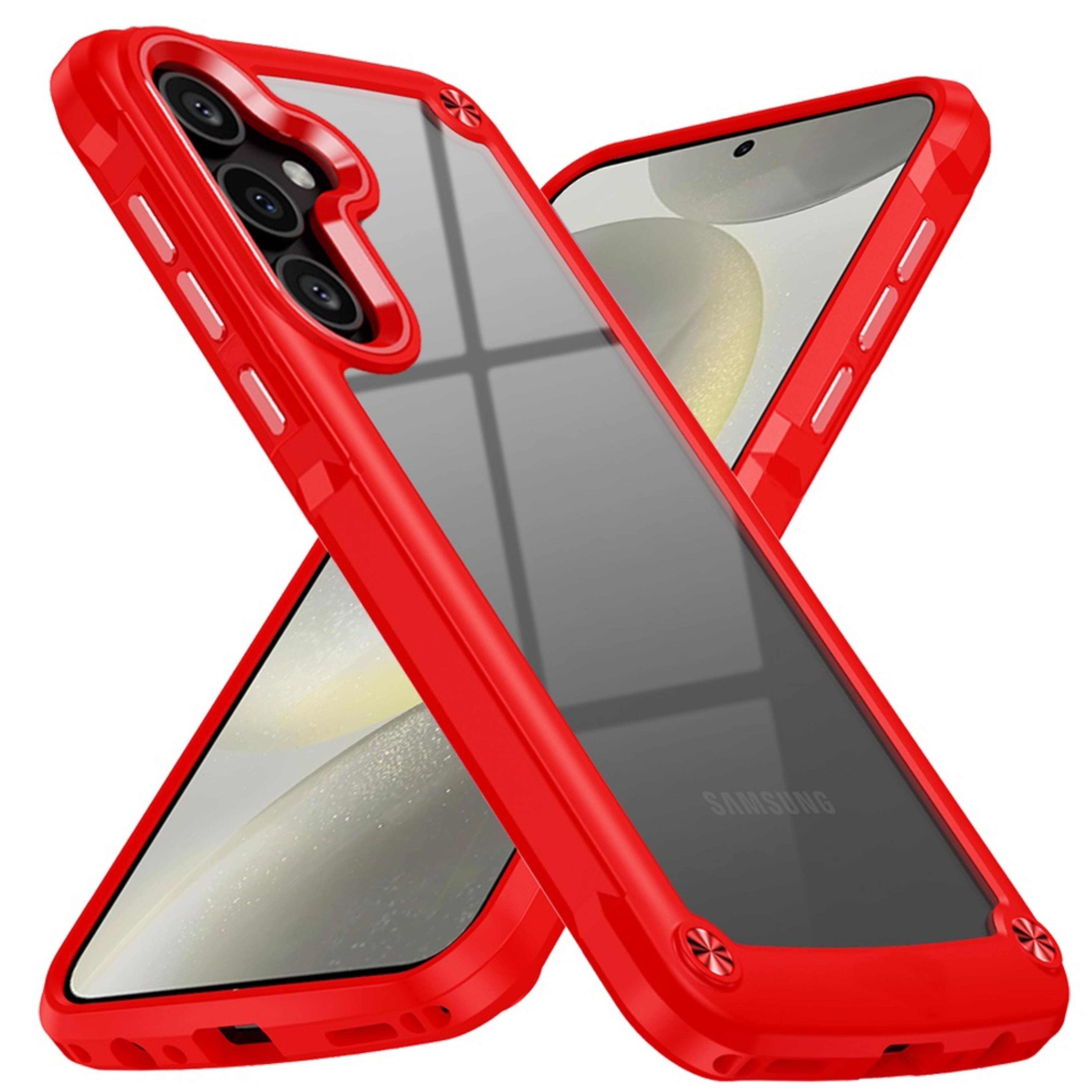 Angle. Kitcheniva - Hybrid With Metal Buttons Raised Bezel Plus Tempered Glass For Samsung S25/S24 Red - Red.