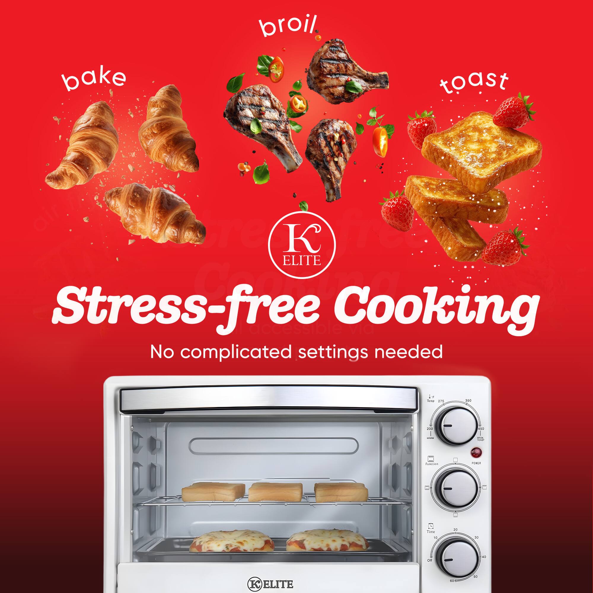 bake  
broil  
toast  

Stress-free accessible Cooking  
No complicated settings needed  

Soy 15  
200  
200  
de  
via  
Spaning  
POBLIE  
THIDE  
5  
or  

Off  
&  
K ELITE  
OCTURAL