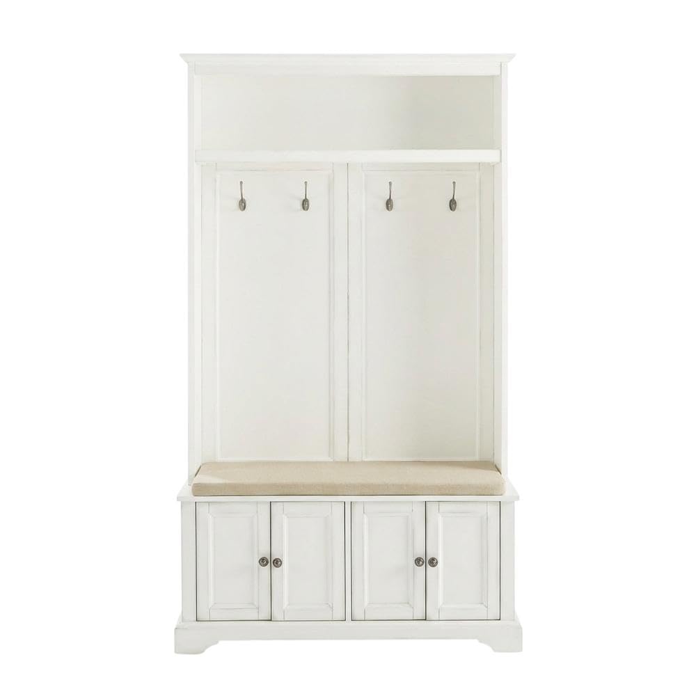 Back. FurniFact - White Hall Tree - Distressed White.