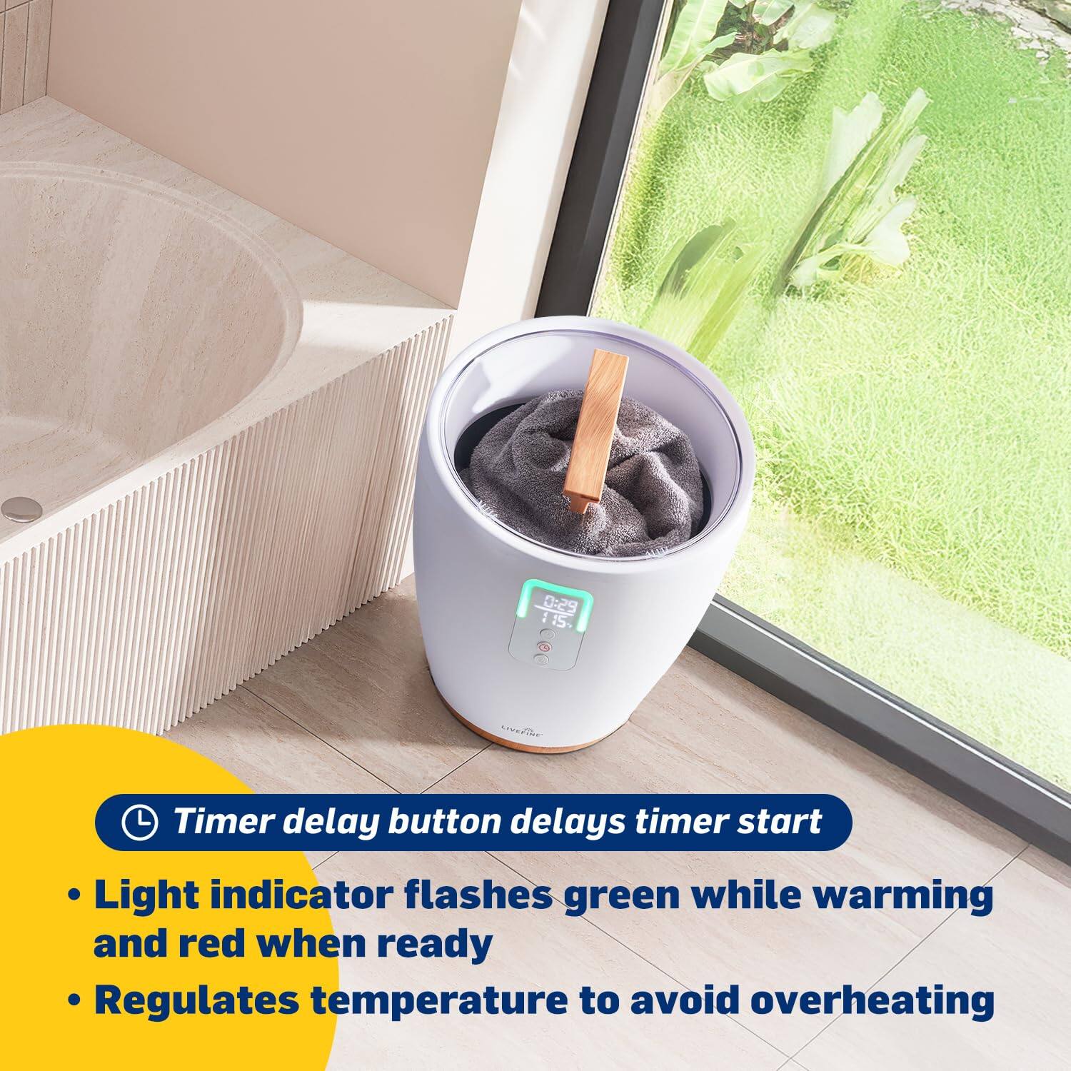 - Timer delay button delays timer start
- Light indicator flashes green while warming and red when ready
- Regulates temperature to avoid overheating