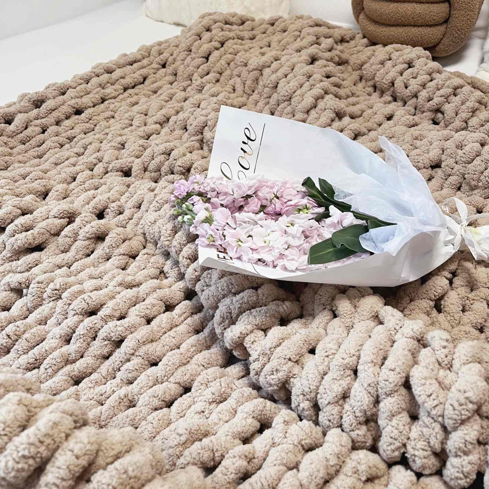 Alt View 4. Dapper Styles - Chunky Knit Blanket Throw 40 x60 Chenille Blankets Handmade Warm Cozy Couch Bed Home Decor Soft Breathable - Tan-40"x40"(Small Size Throw）.