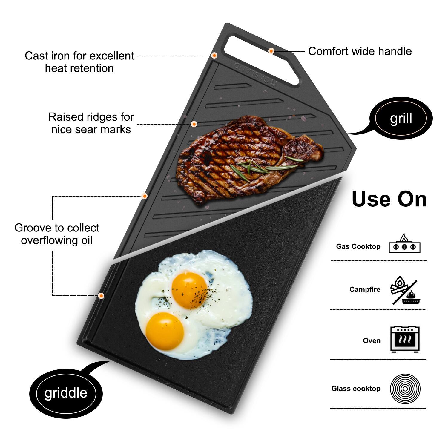 Cast iron for excellent heat retention, Comfort wide handle, Raised ridges for nice sear marks, Use On, Groove to collect overflowing oil, Gas Cooktop, Campfire, Oven, Griddle, Glass cooktop