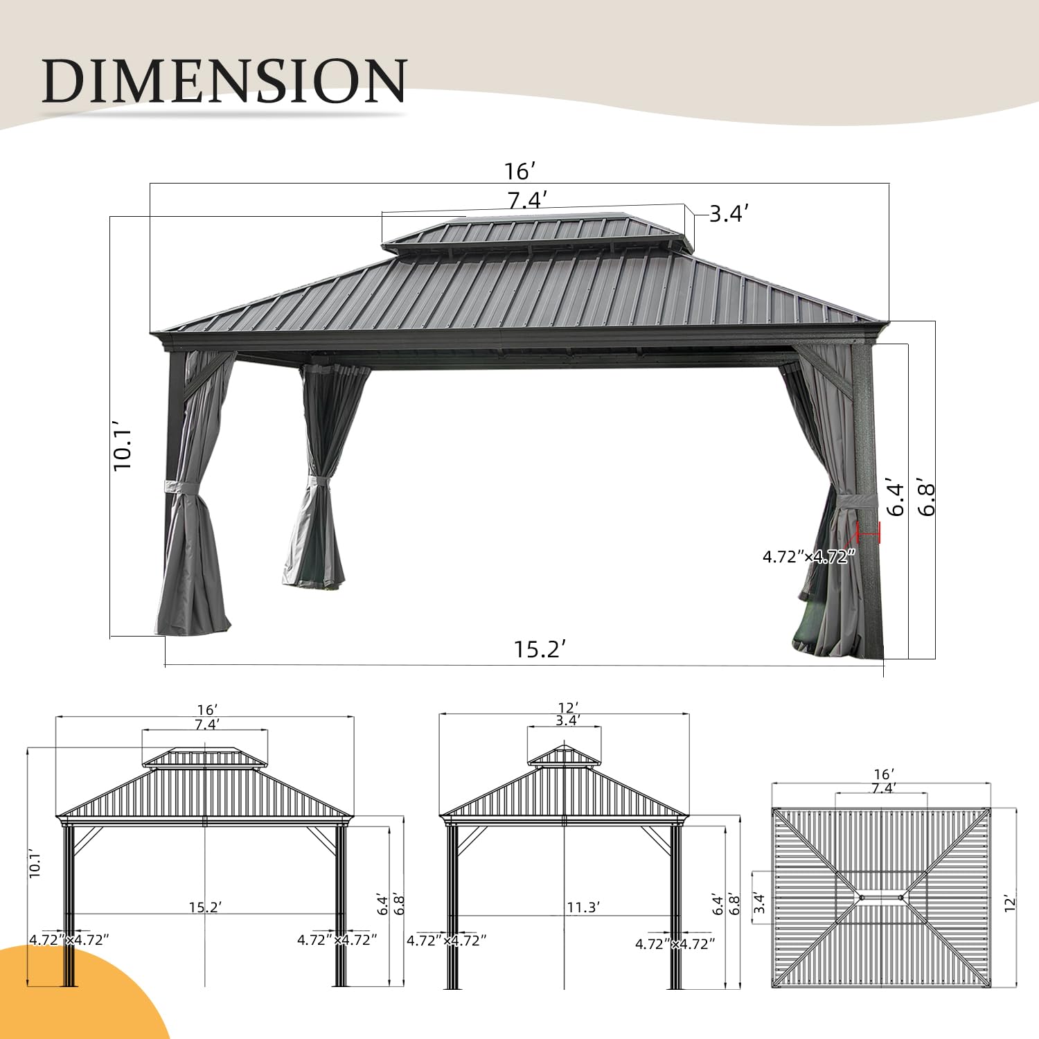 DIMENSION

16' 7.4' 3.4' 10.1 6.4' 6.8' 4.72"x4.72" 15.2' 16' 7.4 12 3.4 16 7.4 10.1 4.72"x4.72" 15.2" 6.4 4.72" 24.72" 4.72" 30.72" 11.3' 6.4 6.8