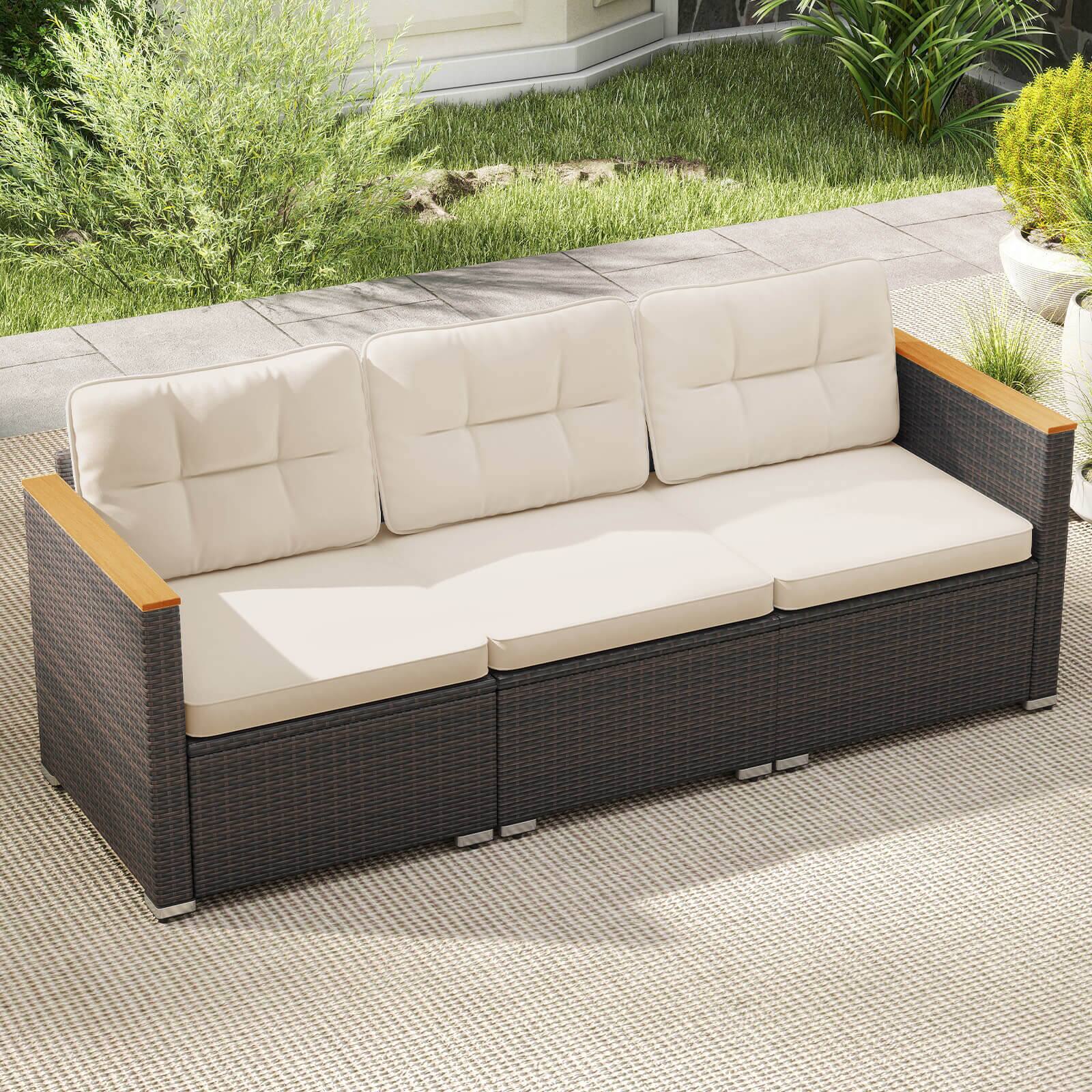Front. Costway - Costway 3-Seat Patio Couch Sofa PE Rattan Wicker Outdoor Loveseat Furniture Set - Off-White.
