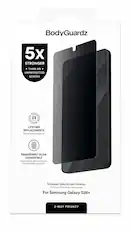 BodyGuardz 5x STRONGER THAN AN UNPROTECTED SCREEN A LIFETIME REPLACEMENTS Remplacements à vie FINGERPRINT SCAN COMPATIBLE Compatible avec la lecture d'empreintes digitales Tempered Glass Screen Protector Protecteur d'écran en verre trempé For Samsung Galaxy S26+ 2-WAY PRIVACY