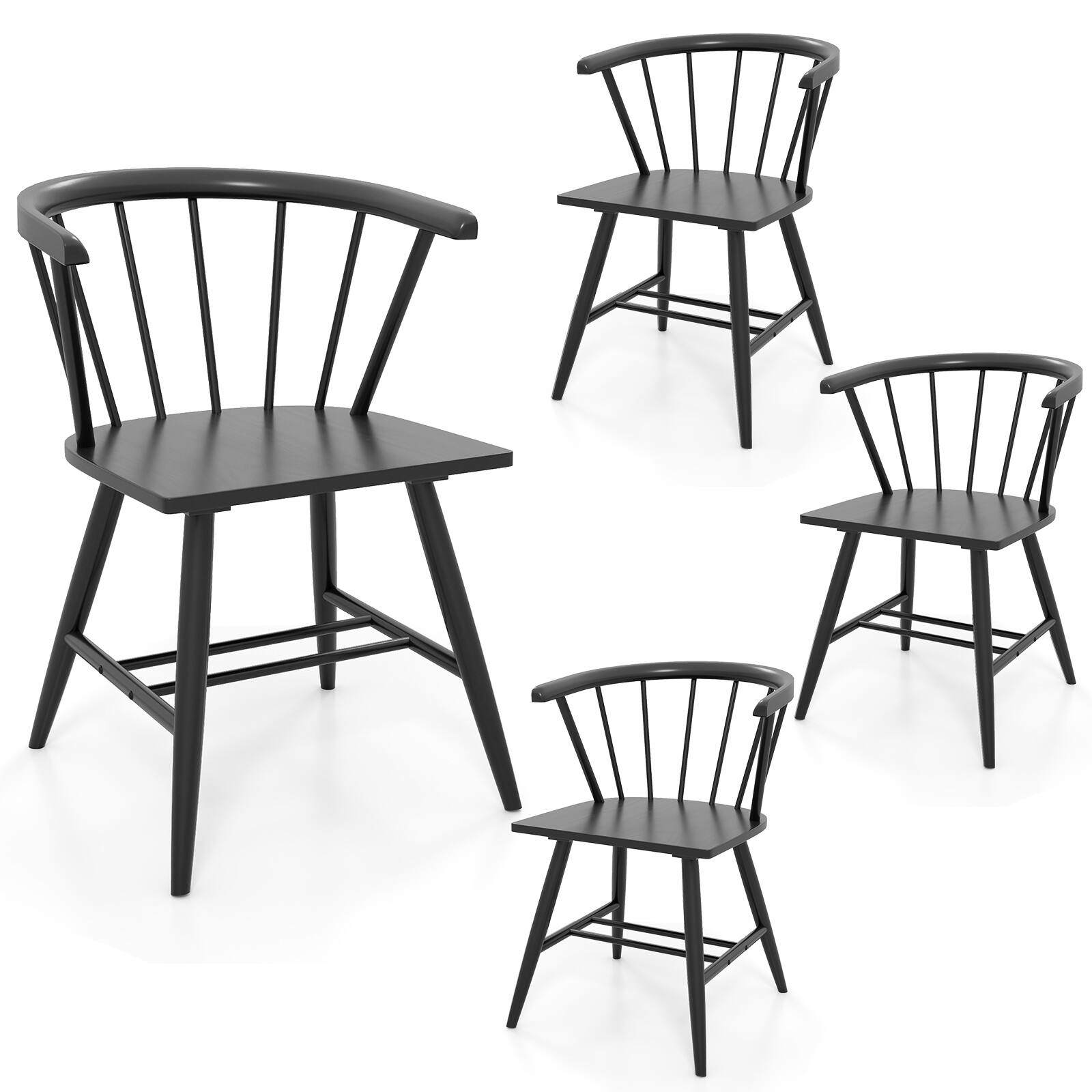 Front. Gymax - Gymax Windsor Dining Chair Set of 4 w/Rubber Wood Frame Curved Spindle Back & Armrest - Black.