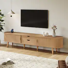 Spaco - Wooden Oval TV Stand for TV up to 80" with Charging Station,Fluted Media Console with Tambour Door for Living Room - Natural