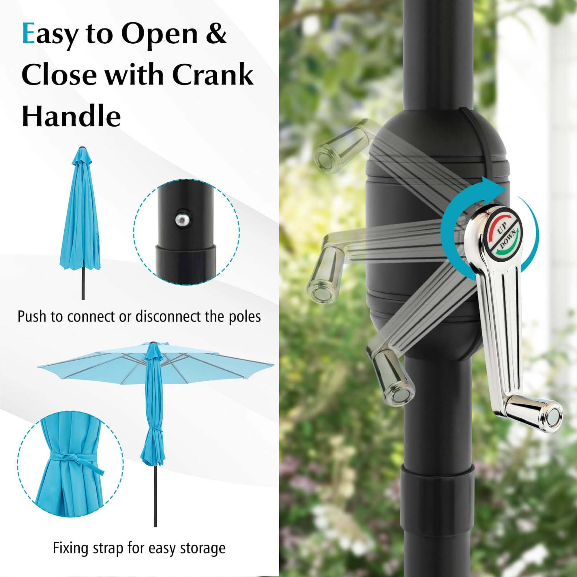 Easy to Open & Close with Crank Handle: The umbrella can be opened and closed with a crank handle, making it convenient for users to control the umbrella.

UP & DOWN: The umbrella can be opened and closed by adjusting the poles, providing flexibility in its use.

Push to Connect or Disconnect the Poles: The umbrella can be easily connected or disconnected by pushing a button, allowing for quick and hassle-free setup.

Fixing Strap for Easy Storage: The umbrella comes with a fixing strap, which can be used to secure the umbrella when not in use, ensuring it stays in place and is easy to store.