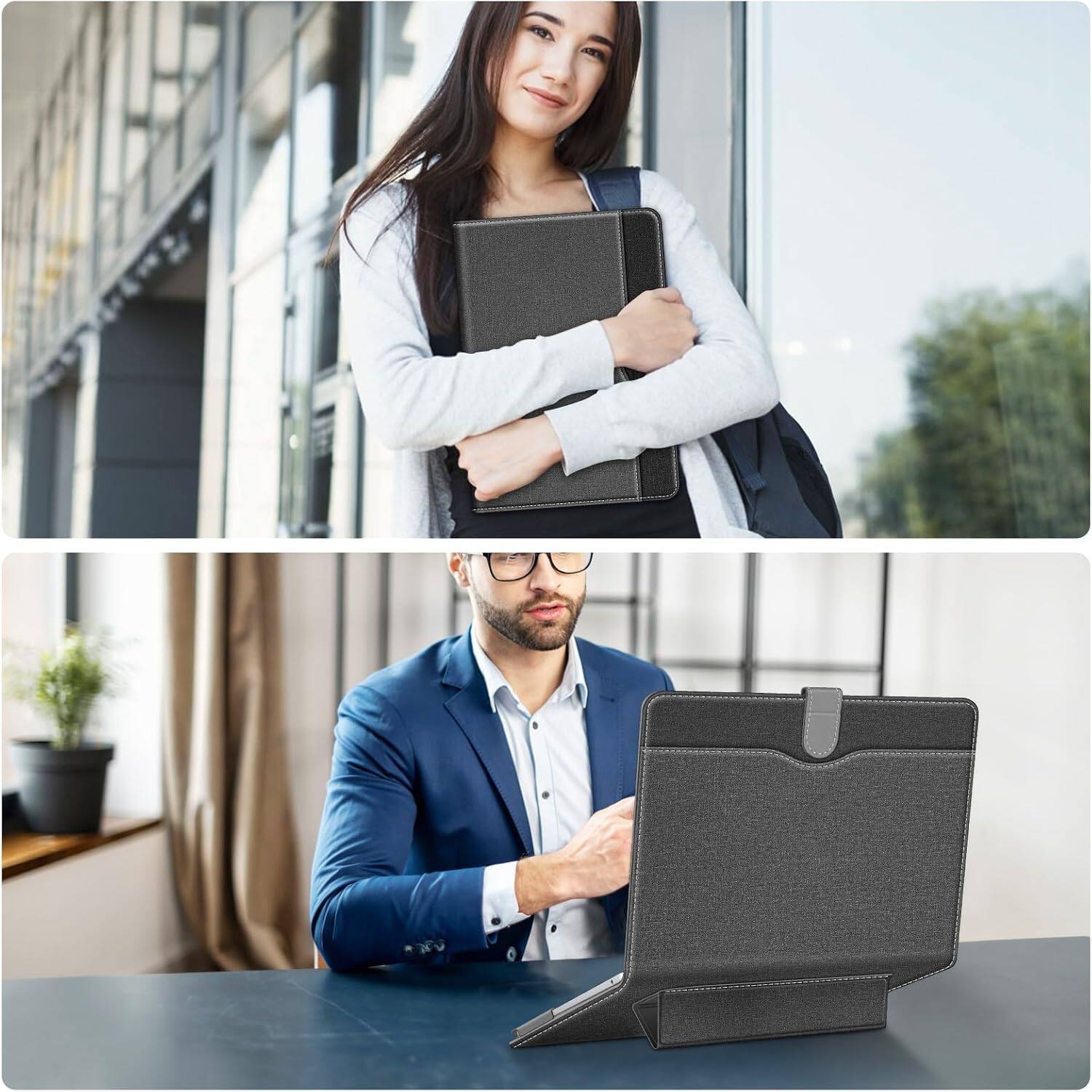 Alt View 3. Fintie - Sleeve Case for MacBook Air 13.6" / Air 13.3", MacBook Pro 13", A2681 A3113 A3240 A3449, Folio Book Cover Foldable Stand - Gray/Black.