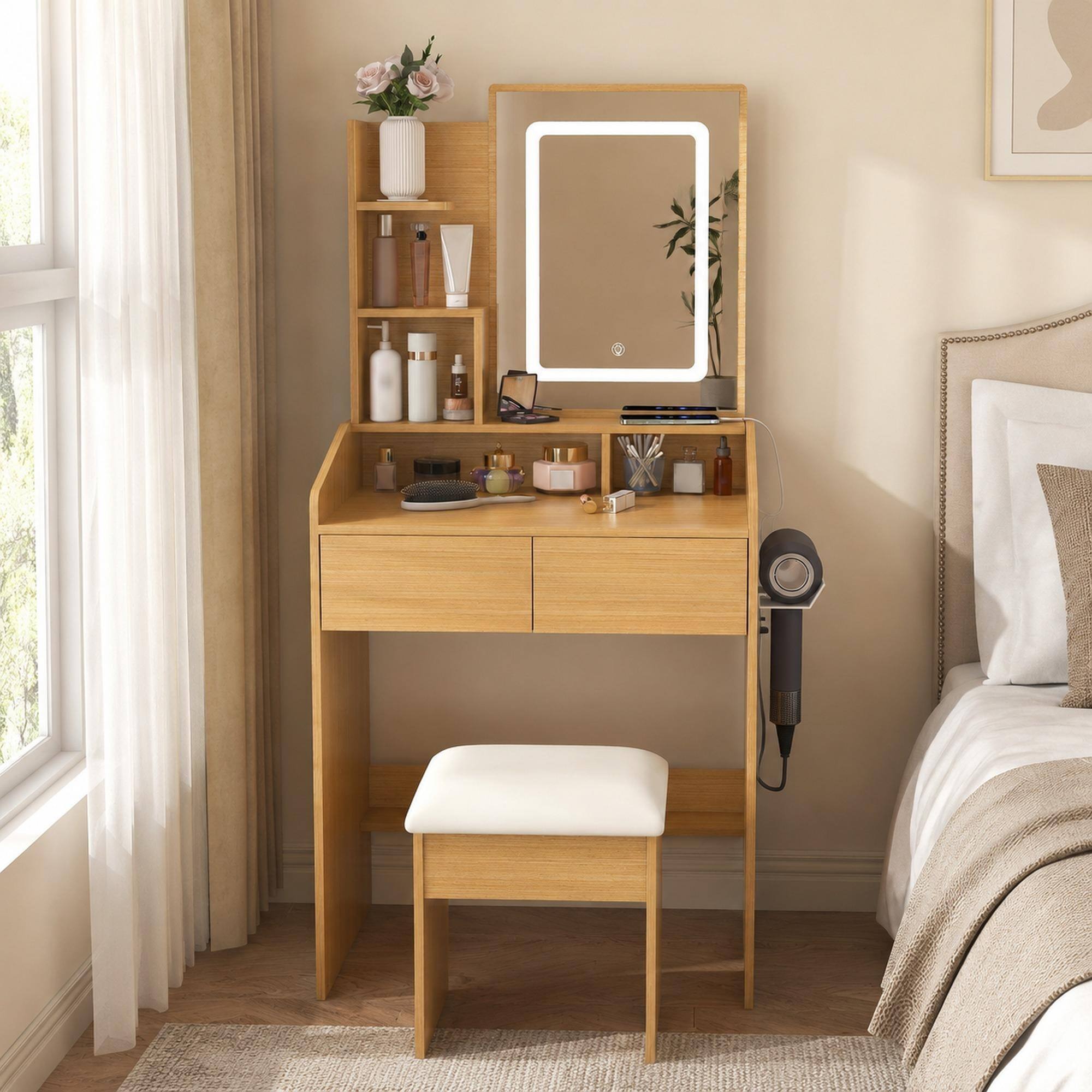 Front. RYHNUYNE - Compact Vanity Table, LED Lighted Mirror, Power Outlet, Hairdryer Holder, Soft Stool, Wood Finish - Wood.