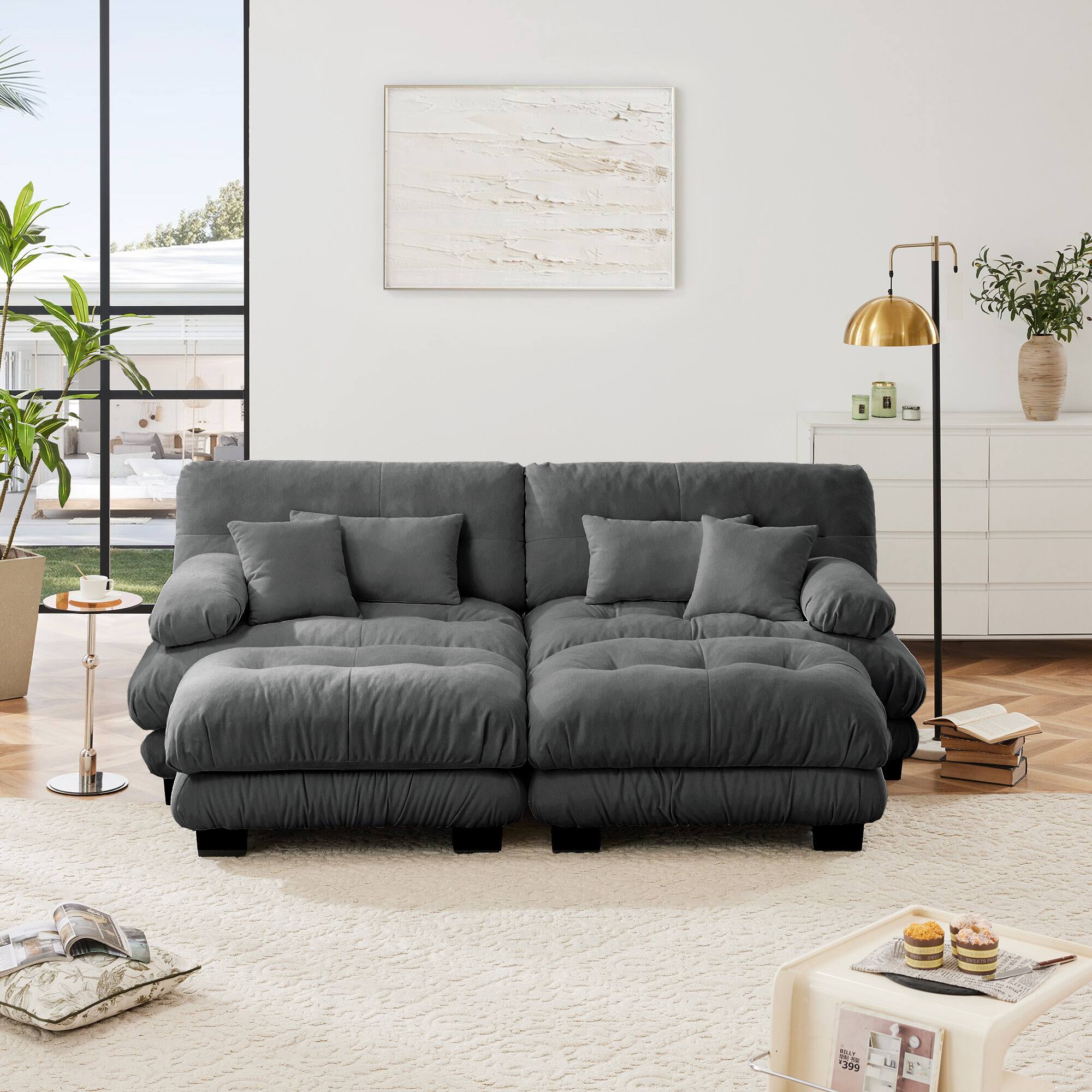 Left. Aukfa - Cloud Couch Sleeper Sofa - Chenille 2-Seater with 2 Lumbar Pillows, 2 Throw Pillows & 2 Ottomans - Dark Gray.