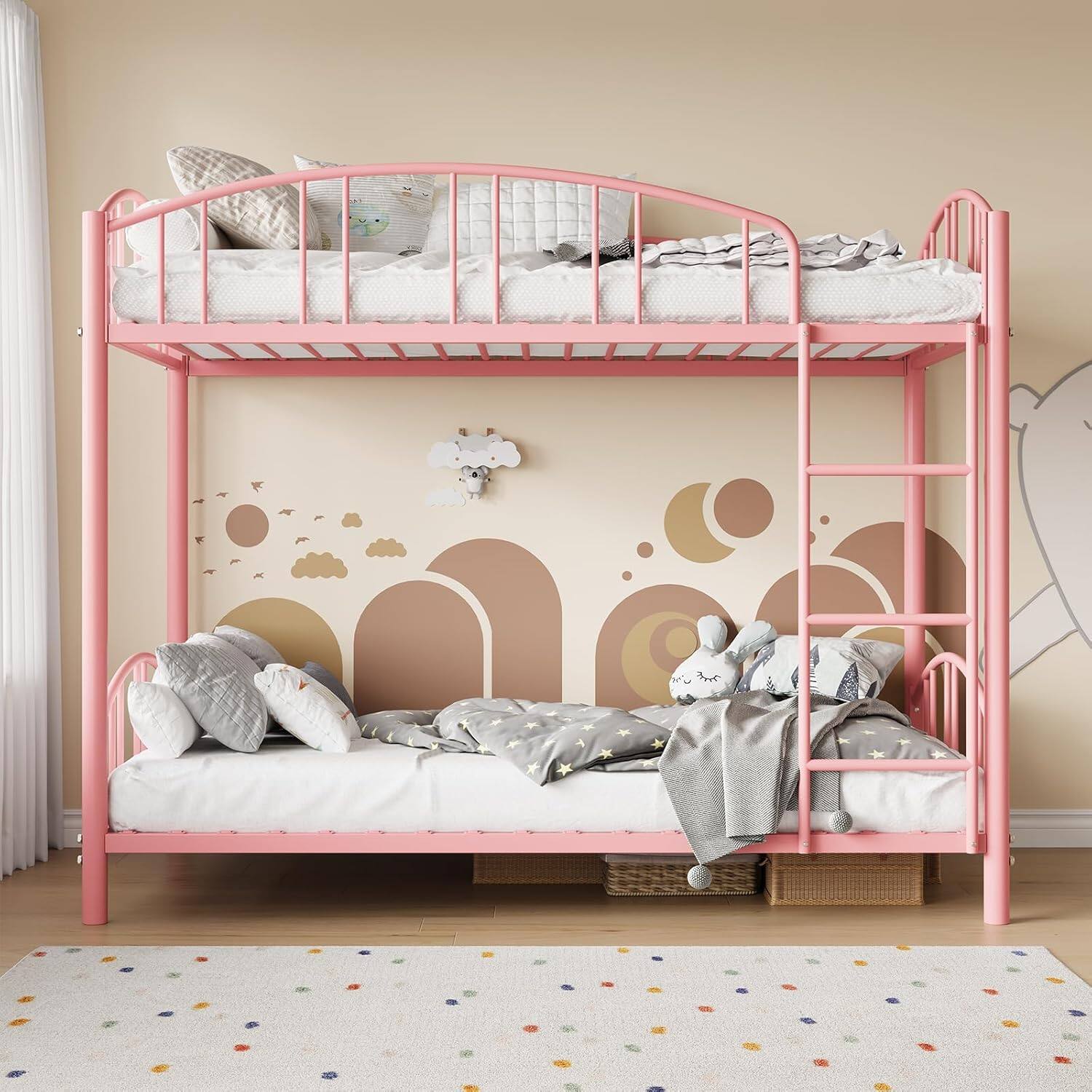Front. Homhougo - Metal Bunk Bed Twin Over Twin,Twin Bunk Bed Frame with Heightened Arched Guardrail and Safety Ladder,Sturdy Steel Bed - Pink.