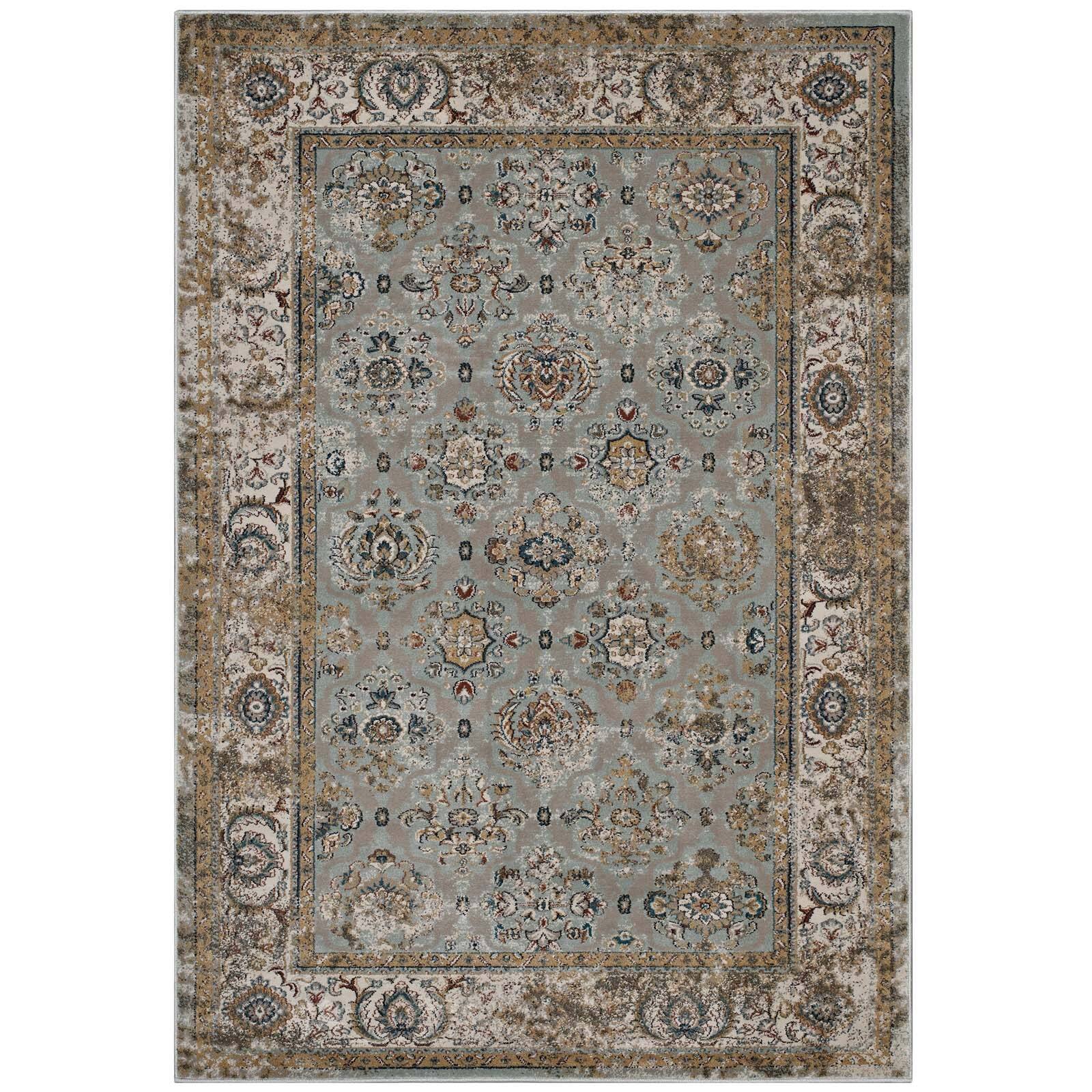 Angle. Modway - Hisa Distressed Vintage Floral Lattice Area Rug - Silver Blue Beige and Brown.