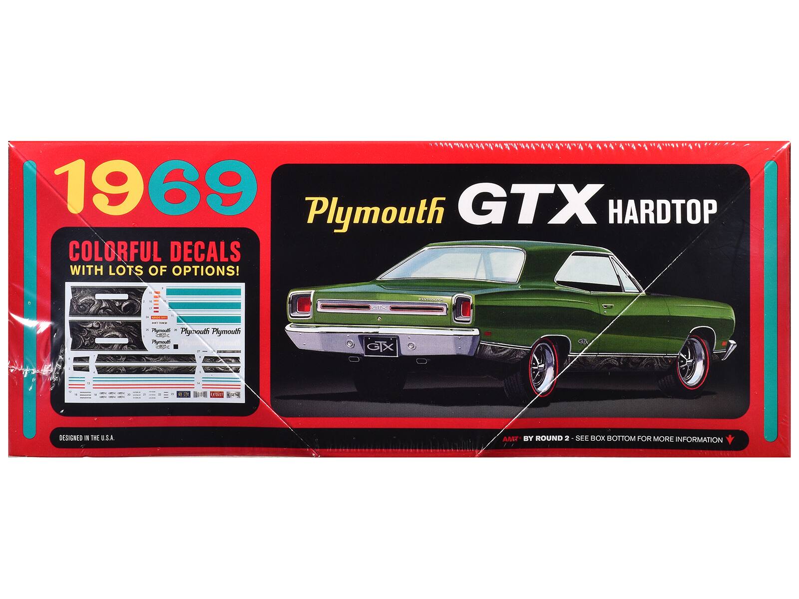 1969 Plymouth GTX HARDTOP  
COLORFUL DECALS WITH LOTS OF OPTIONS!  
DESIGNED IN THE U.S.A.  
ROUND 2 - SEE BOX BOTTOM FOR MORE INFORMATION