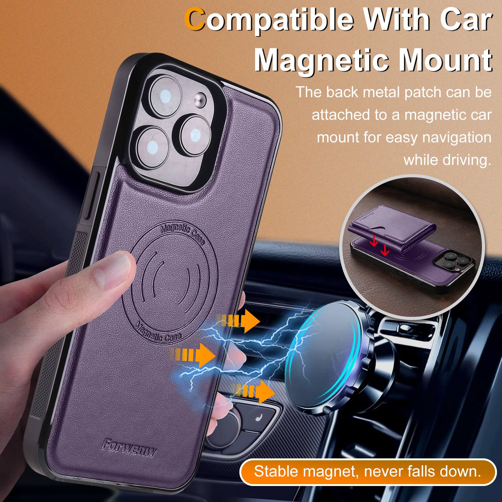 Compatible With Car Magnetic Mount

The back metal patch can be attached to a magnetic car mount for easy navigation while driving.

Stable magnet, never falls down.