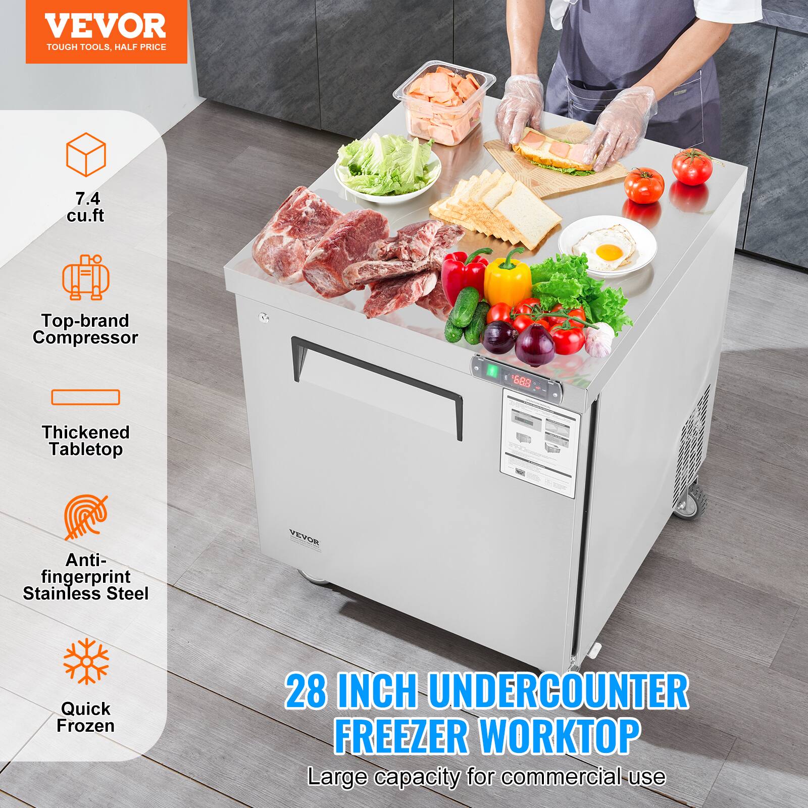 VEVOR TOUGH TOOLS, HALF PRICE

7.4 cu.ft

Top-brand Compressor

Thickened Tabletop

Anti-fingerprint Stainless Steel

Quick Frozen

28 INCH UNDERCOUNTER FREEZER WORKTOP

Large capacity for commercial use