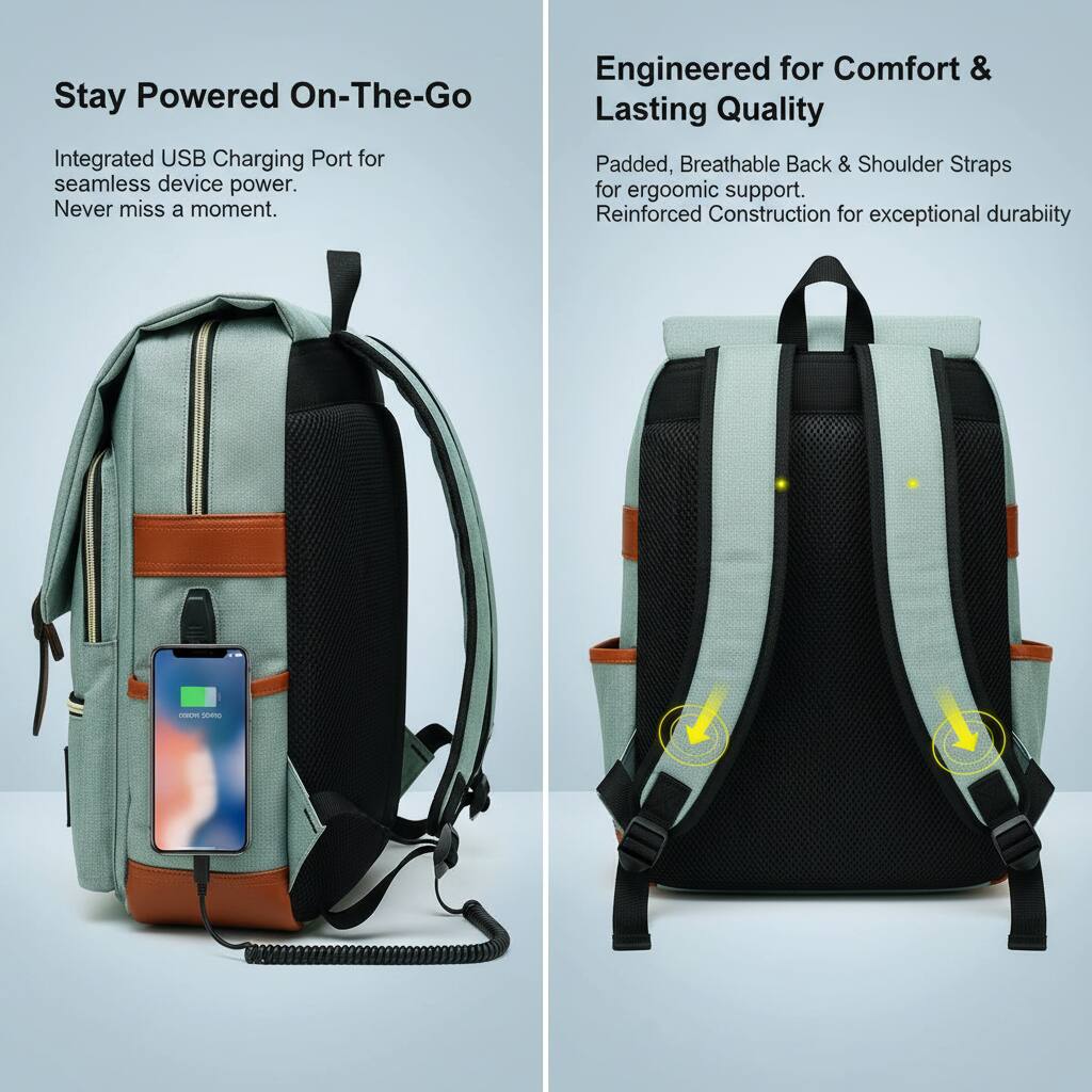 Stay Powered On-The-Go  
Integrated USB Charging Port for seamless device power. Never miss a moment.  

Engineered for Comfort & Lasting Quality  
Padded, Breathable Back & Shoulder Straps for ergonomic support. Reinforced Construction for exceptional durability.