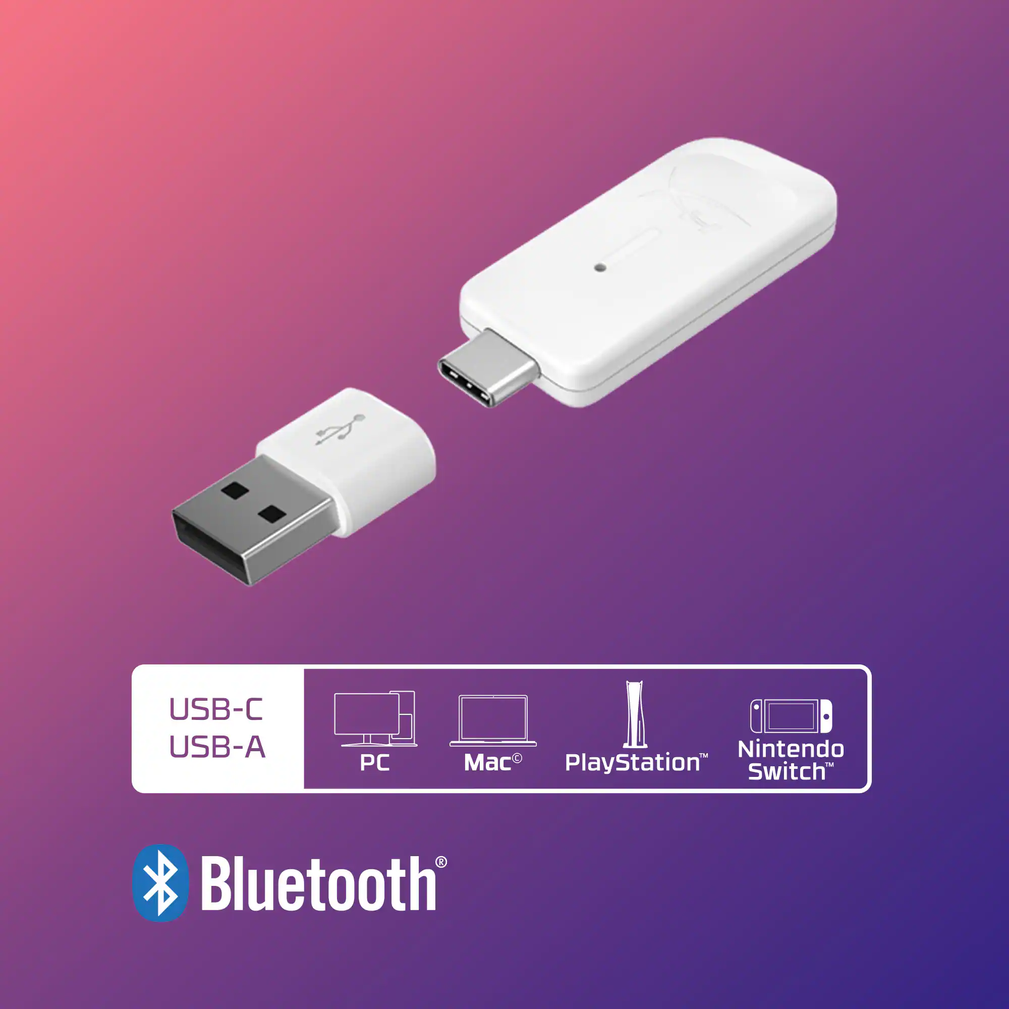 The text on the image reads: "USB-C USB-A PC - Nintendo Mac PlayStation Switch I Bluetooth."