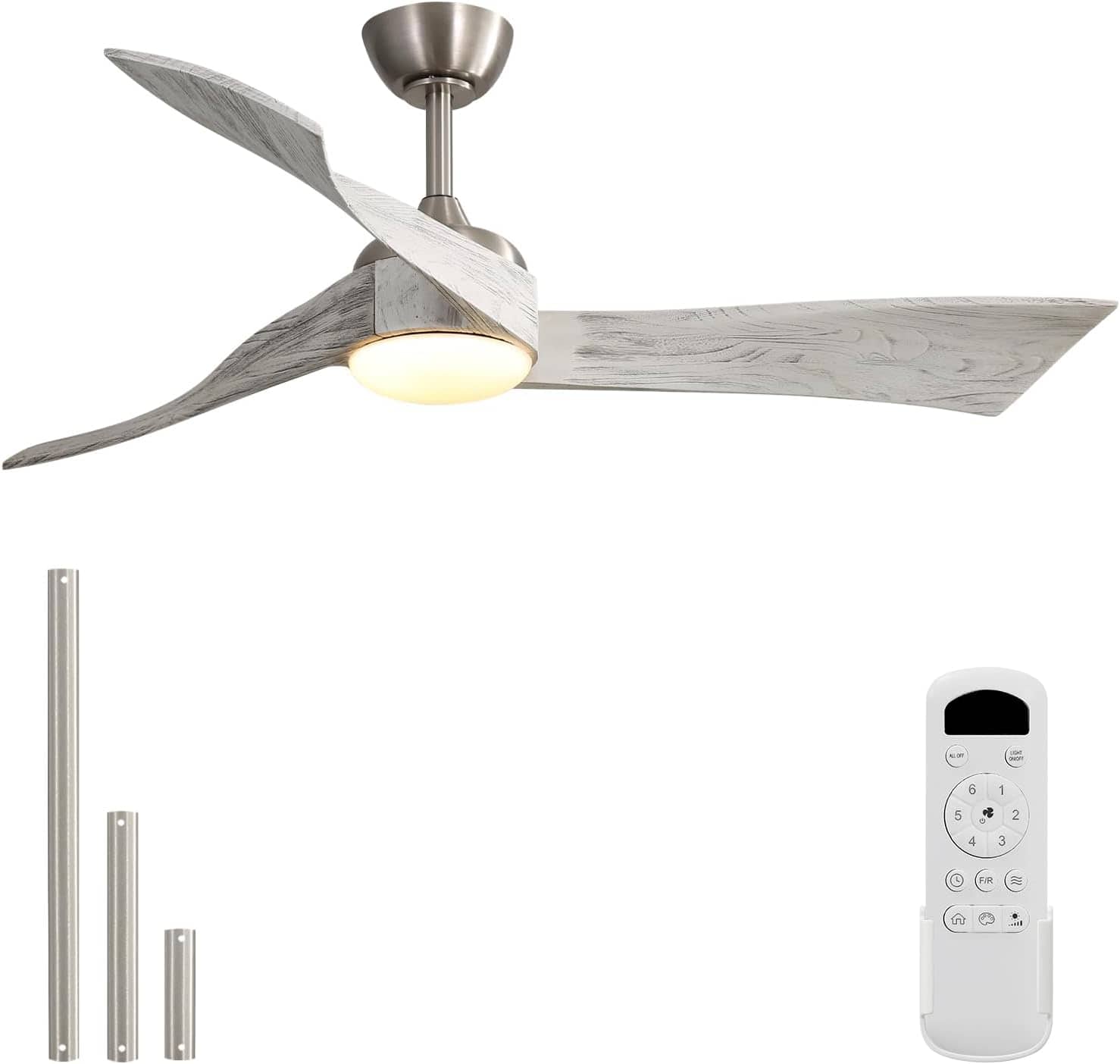Sofucor - 52'' Modern Propeller Ceiling Fan Light Kit With Remote Solid Wood Blades Dimmable 3-Color LED Timer & Quiet Reversible - Nickel