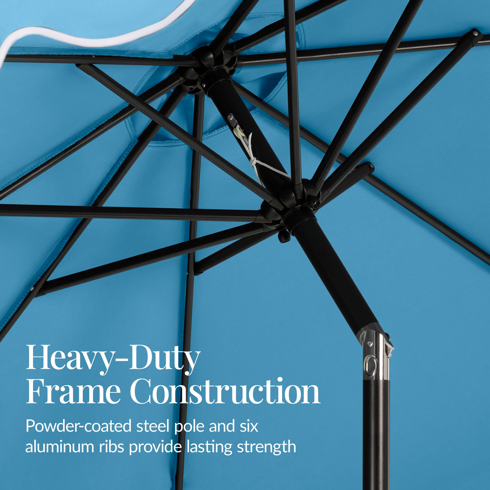 Heavy-Duty Frame Construction  
Powder-coated steel pole and six aluminum ribs provide lasting strength