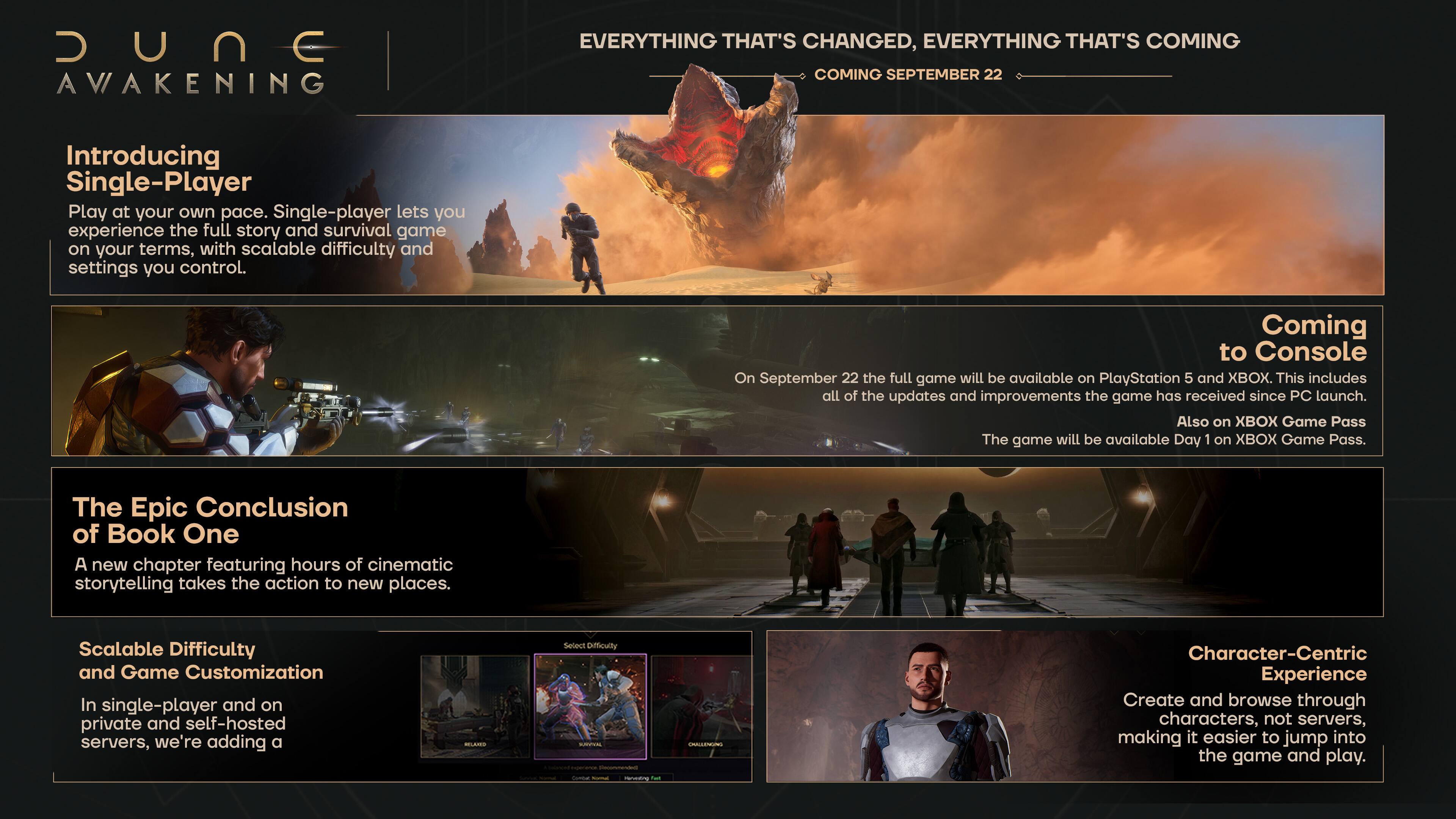 JUNE AWAKENING  
EVERYTHING THAT'S CHANGED, EVERYTHING THAT'S COMING  
COMING SEPTEMBER 22  

Introducing Single-Player  
Play at your own pace. Single-player lets you experience the full story and survival game on your terms, with scalable difficulty and settings you control.  

Coming to Console  
On September 22 the full game will be available on PlayStation 5 and XBOX. This includes all of the updates and improvements the game has received since PC launch. Also on XBOX Game Pass The game will be available Day 1 on XBOX Game Pass.  

The Epic Conclusion of Book One  
A new chapter featuring hours of cinematic storytelling takes the action to new places.  

Scalable Difficulty and Game Customization  
In single-player and on private and self-hosted servers, we're adding a  

Character-Centric Experience  
Create and browse through characters, not servers, making it easier to jump into the game and play.