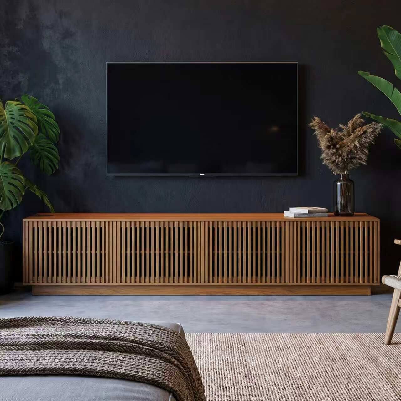 Alt View 2. luck idea - Slatted Wood TV Stand, 86.61 Inch Low‑Profile Media Console with Storage Cabinets for TVs Up to 85 Inch - brown.