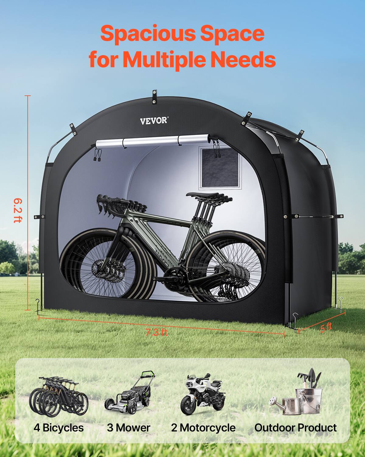 Spacious Space for Multiple Needs VEVOR 6.2ft 7.3ft 5ft 4 Bicycles 3 Mower 2 Motorcycle Outdoor Product