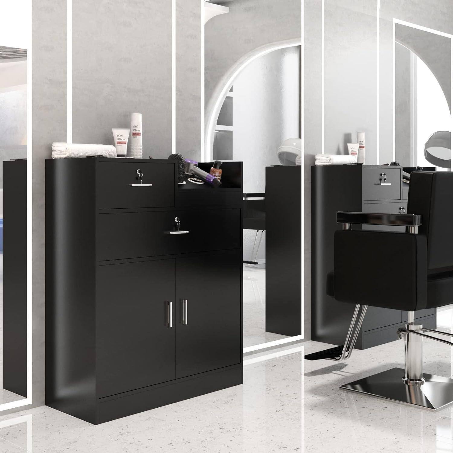 Angle. Winado - Salon Station Cabinet Hair Styling Station Barber Station with 2 Lockable Slide Drawers and Spacious Cabinet for Beauty - Black.