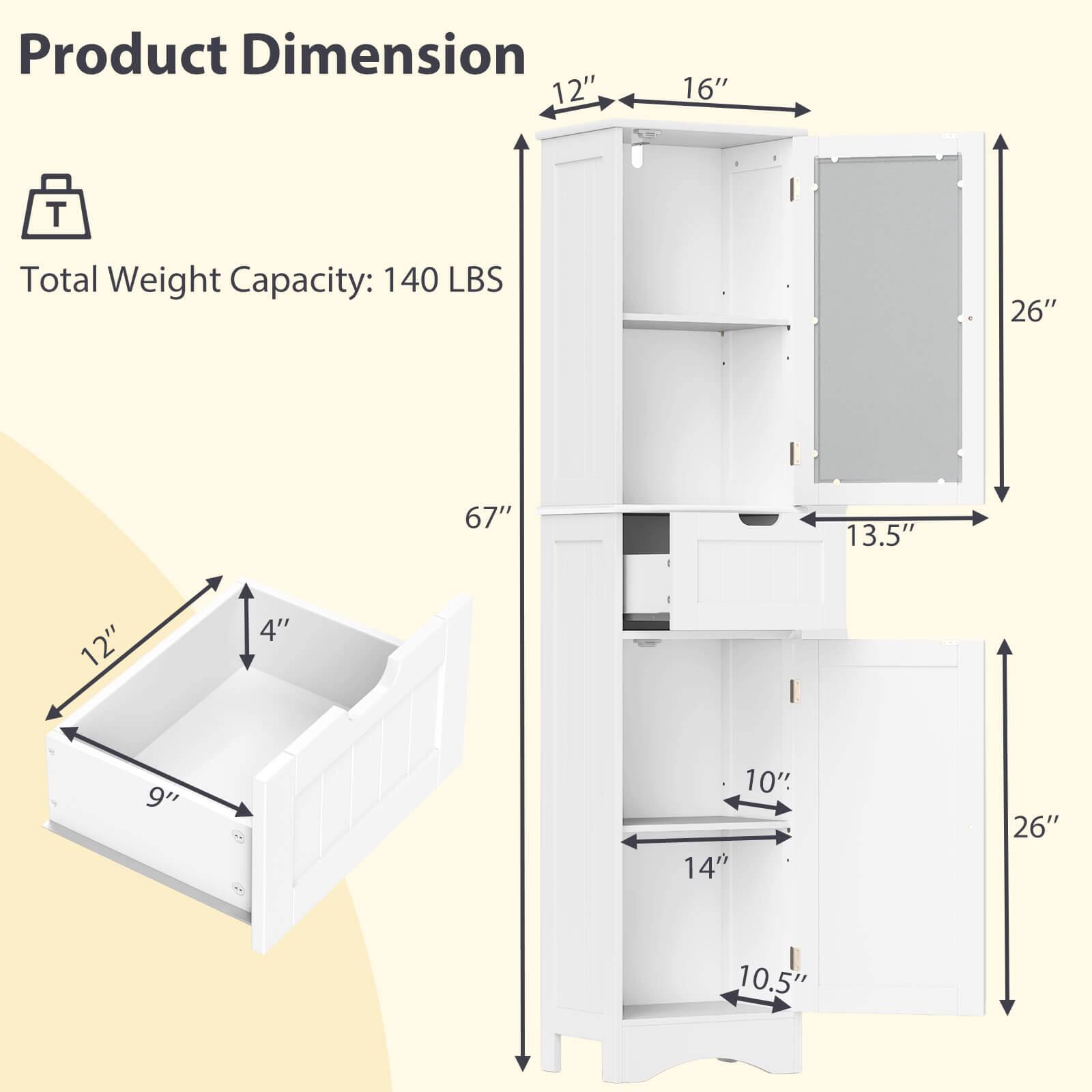 Product Dimension: 12", 16", 26", 67", 13.5", 4", 9", 10", 14", 10.5"

Total Weight Capacity: 140 LBS