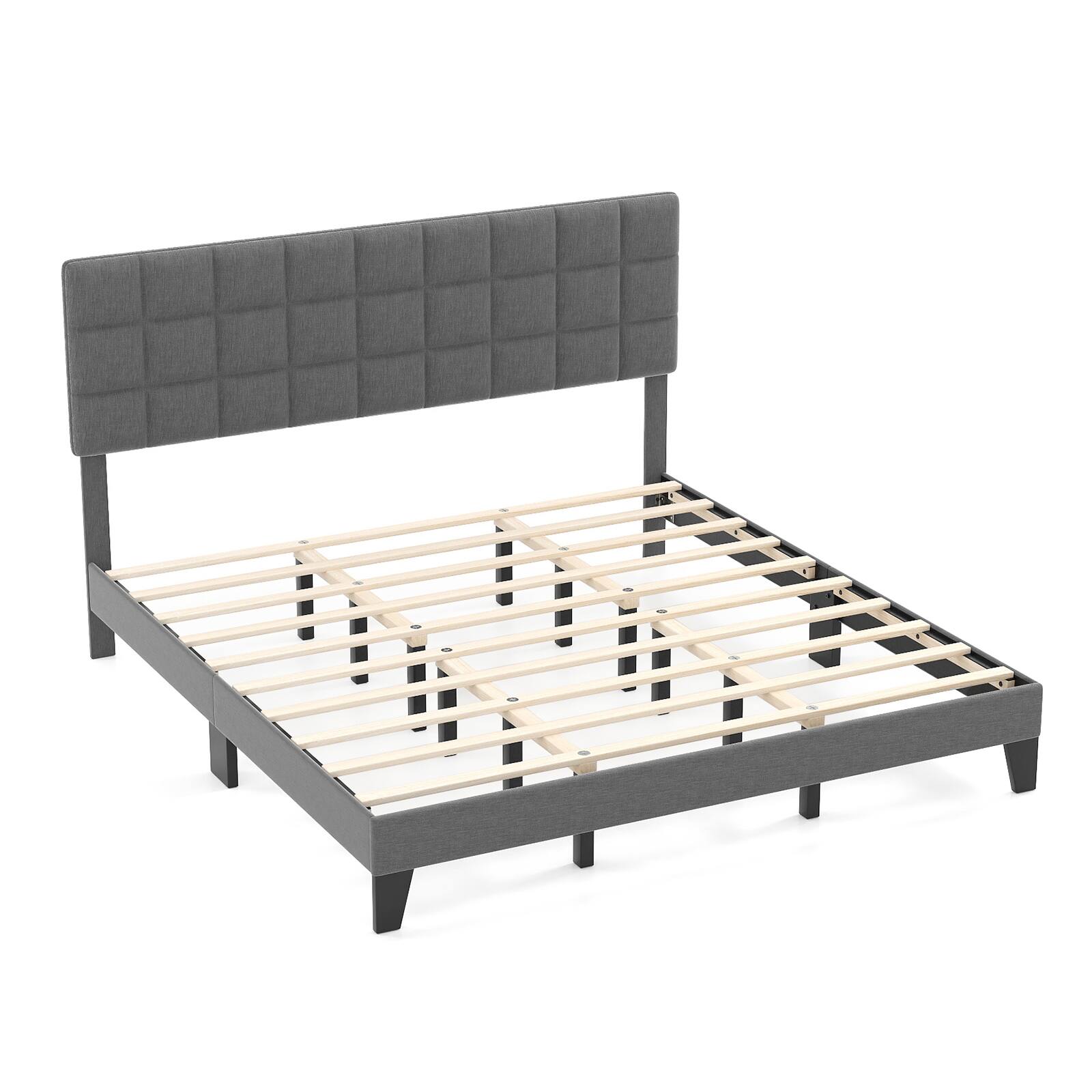 Alt View 6. LUCKY ONE - King Assembled Linen Bed Frame with Adjustable Headboard Platform Bed Wooden Slats - Gray-King.