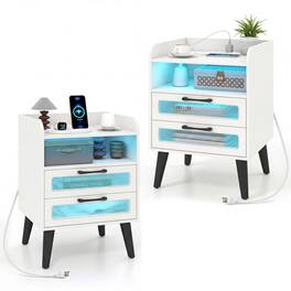 Costway - 2 PCS Nightstand with Charging Station & LED Lights, Open Shelf and 2 Fluted Drawers - White