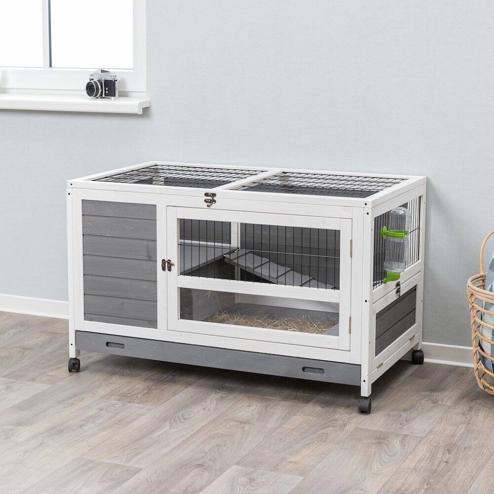 Left. TRIXIE - Mobile Indoor 1-Story Wooden Animal Cage with Wheels & Pull-Out Tray - Gray.