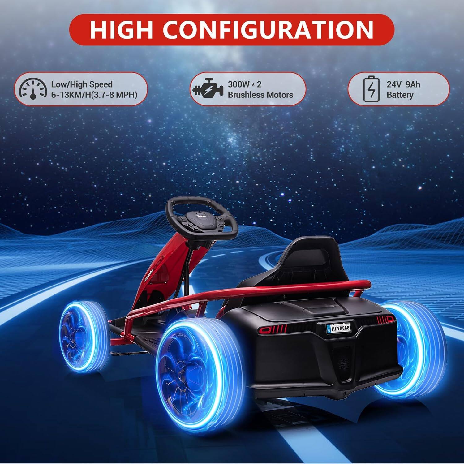 HIGH CONFIGURATION

- Low/High Speed: 6-13KM/H (3.7-8 MPH)
- 300W * 2 Brushless Motors
- 24V 9Ah Battery

HLY8889