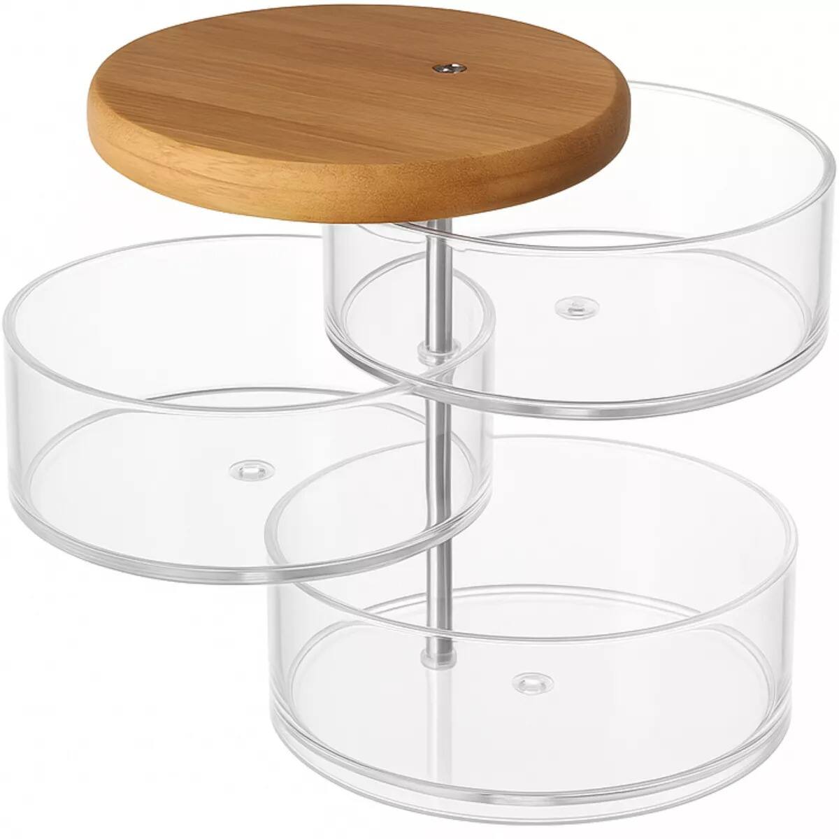 Front. Elle - Acrylic Makeup Organizer with Bamboo Lid Clear 3Tier Rotating Jewelry Holder Nonslip 360° Storage Tray Bathroom & Vanity - Clear/Natural Bamboo.