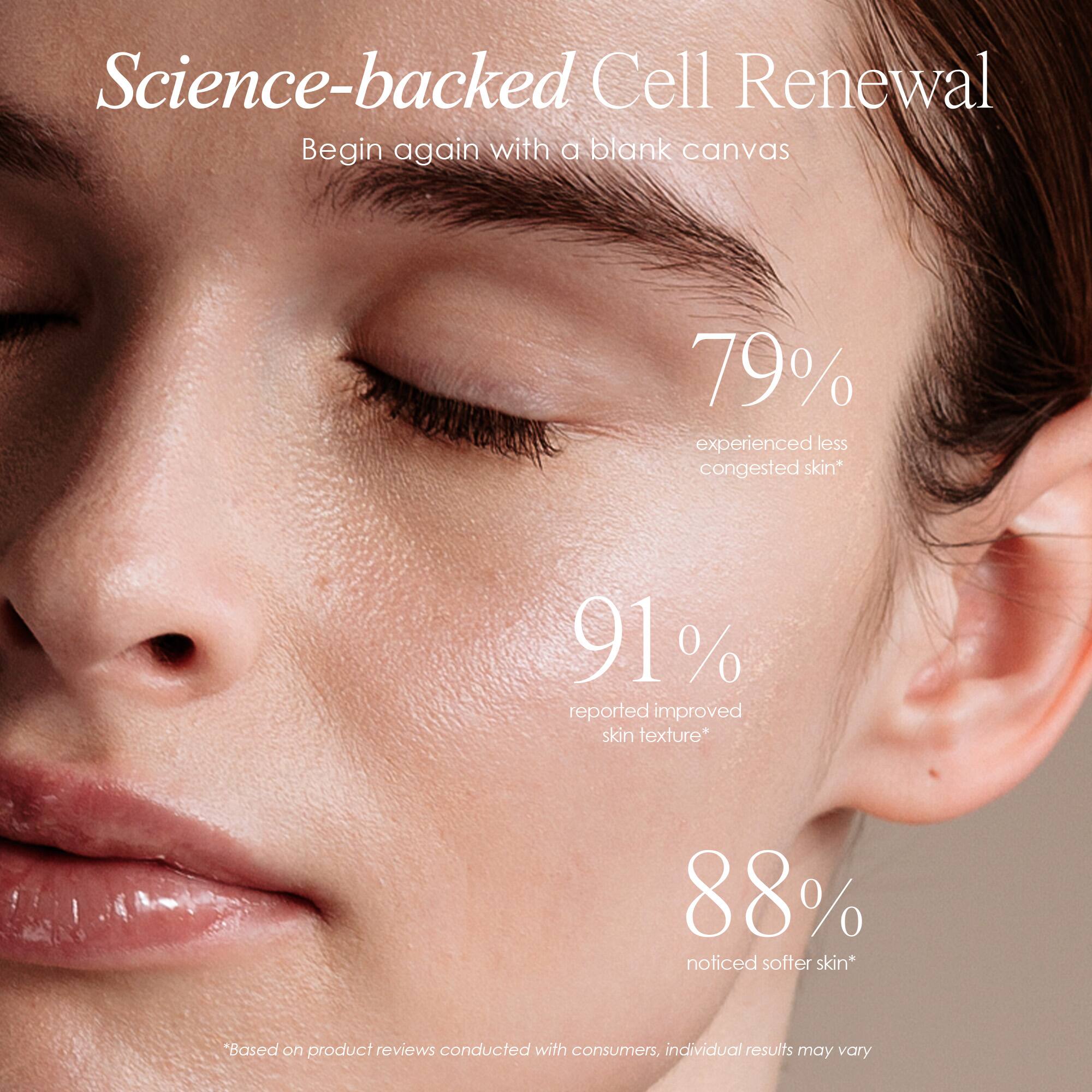 Science-backed Cell Renewal  
Begin again with a blank canvas

79% experienced less congested skin*  
91% reported improved skin texture*  
88% noticed softer skin*

*Based on product reviews conducted with consumers, individual results may vary