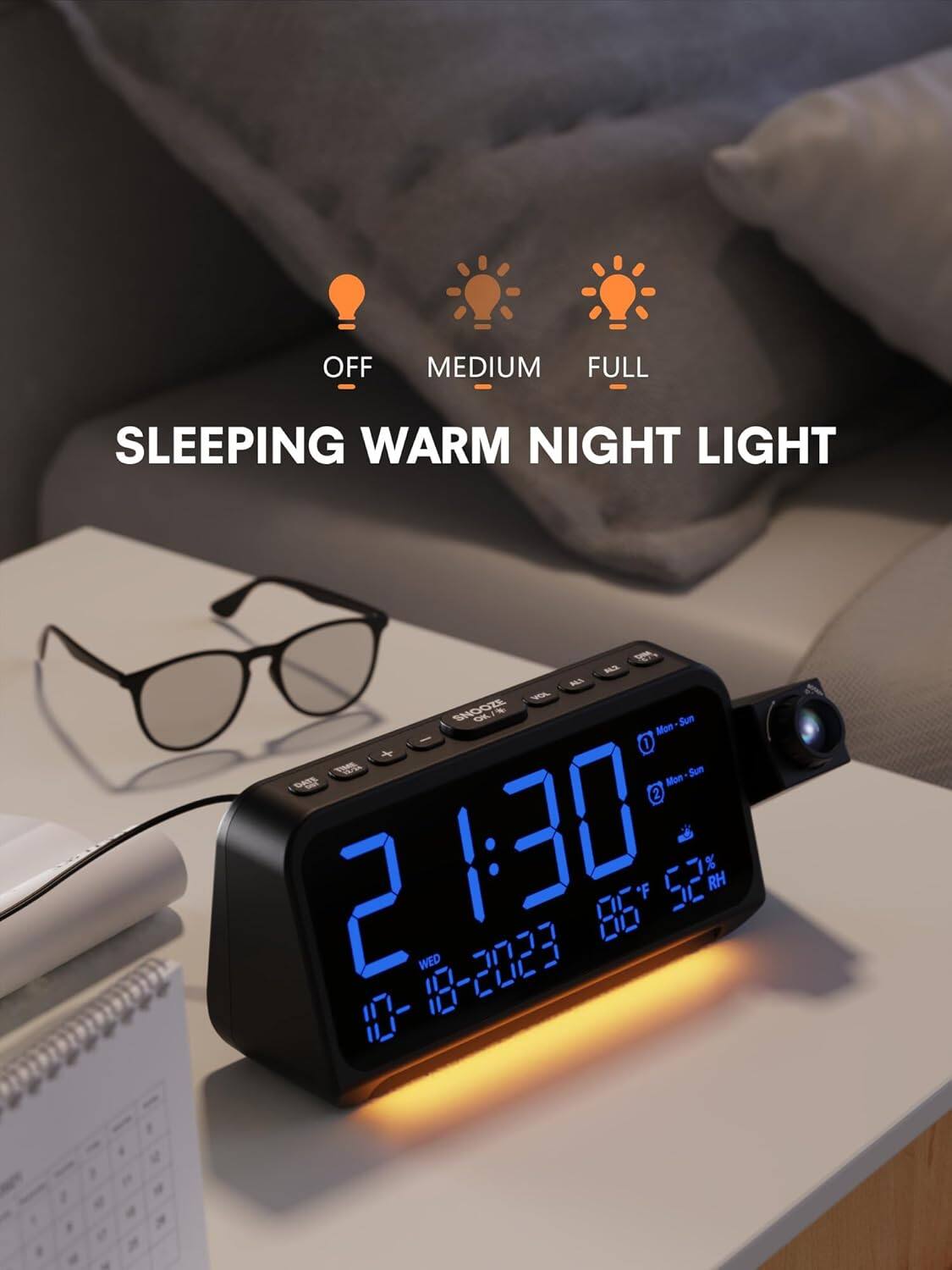 OFF MEDIUM FULL  
SLEEPING WARM NIGHT LIGHT  

Mon-Sun 1  
Mon-Sun 2  

21:30  
10-18-2023  
86°F 52% RH
