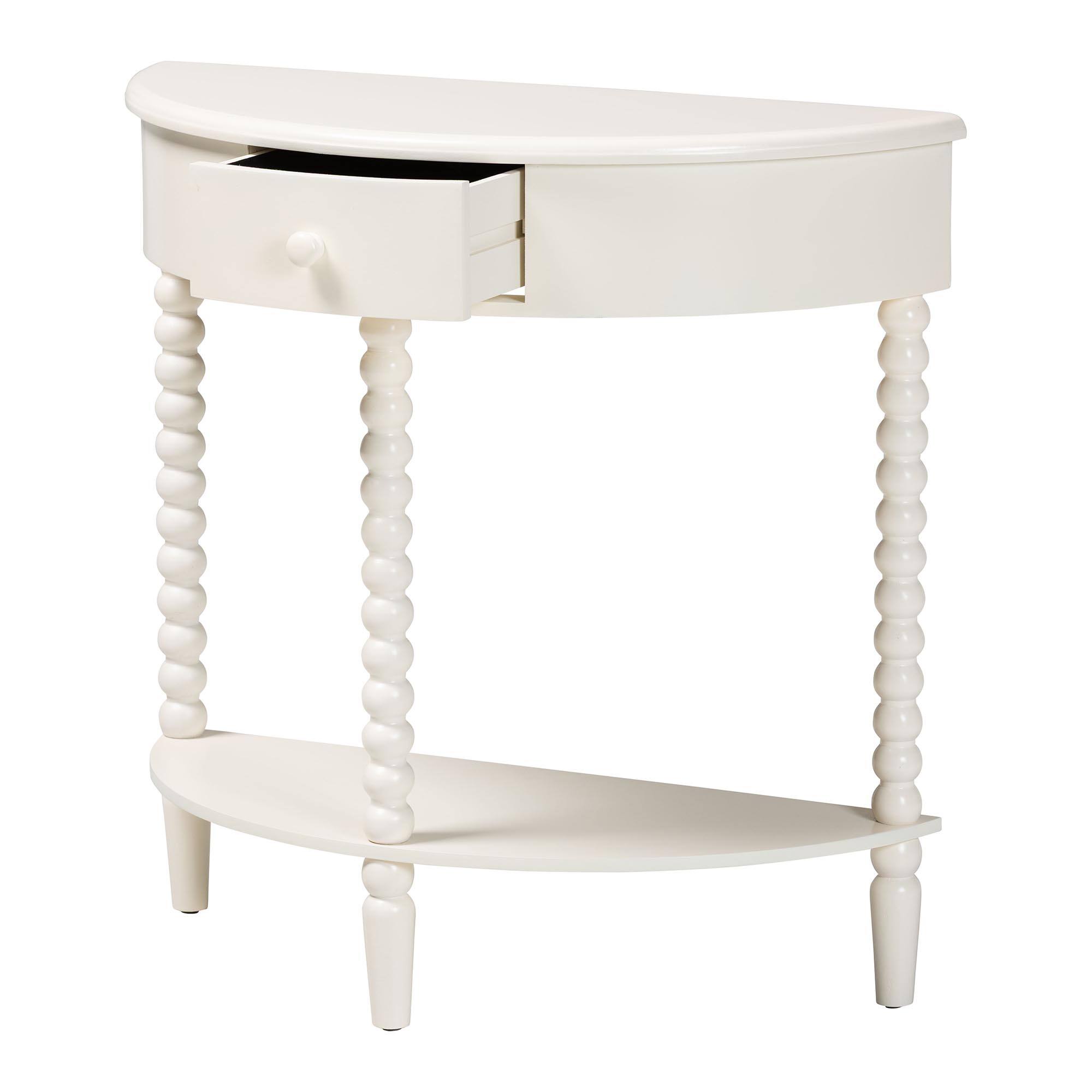 Angle. Baxton Studio - Raynera Bobbin-Leg Demilune Console Table – Half-Moon Accent Table with 1 Drawer and Open Shelf, Cottage Farmhouse - White.