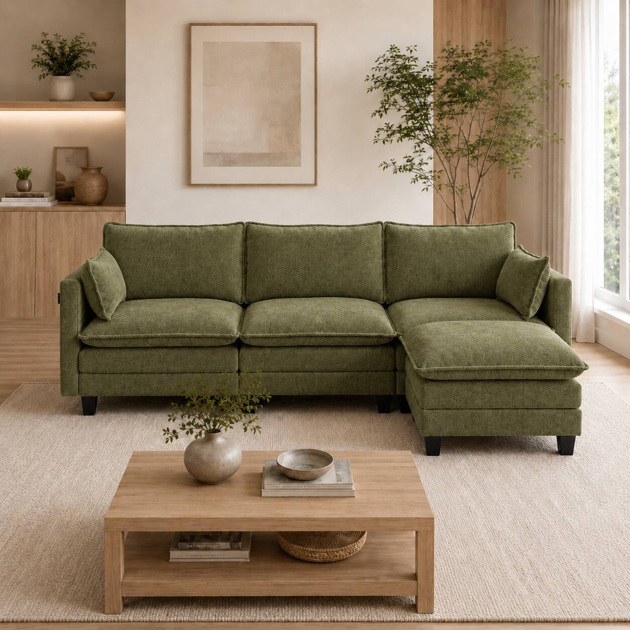 Angle. Anysun - Modern Chenille 3-Seat Couch with Matching Ottoman, Built-in USB Ports and Side Pockets - Antique Light Green.