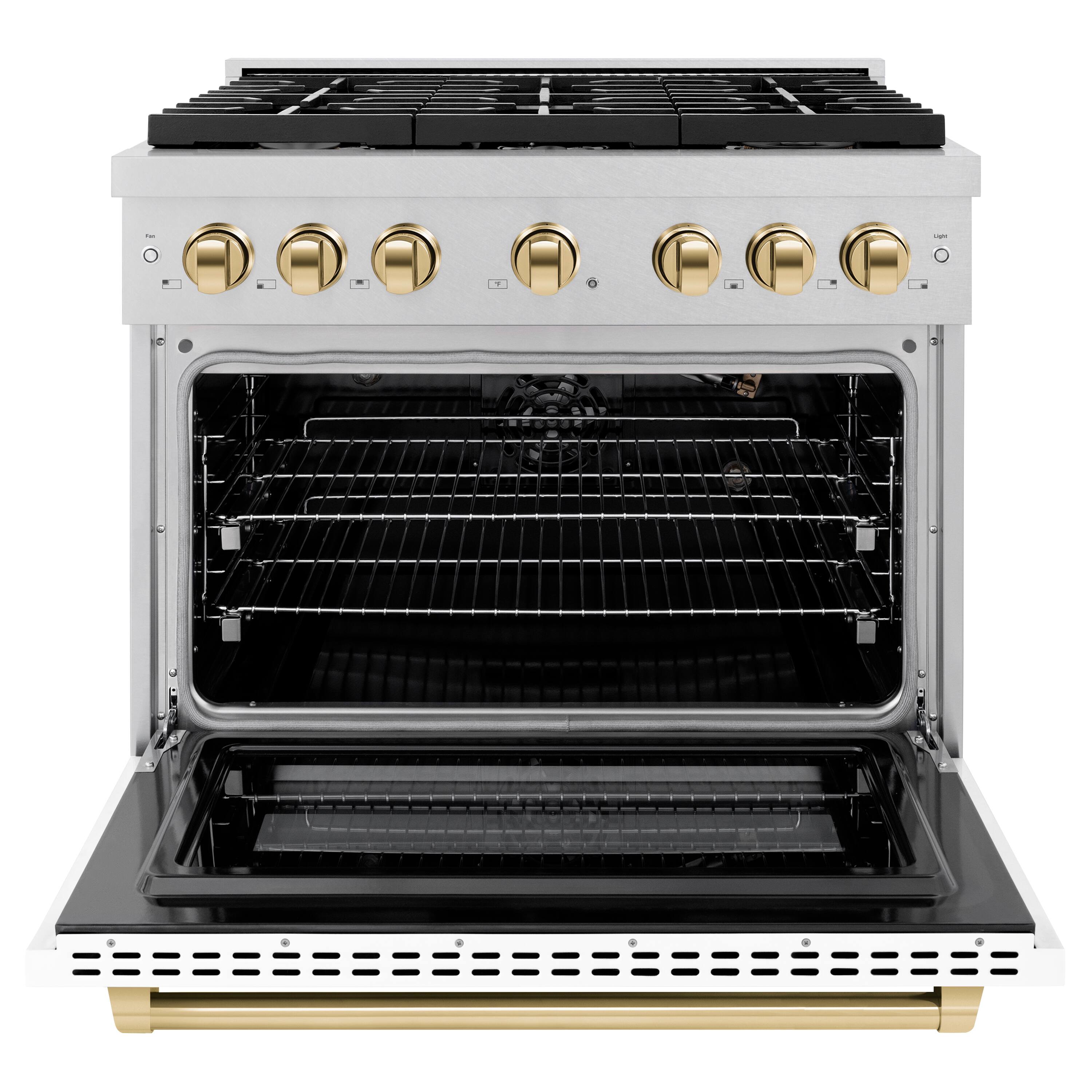 Angle. ZLINE - ZLINE Autograph 36 in. Paramount Satin Steel Gas Range with Gold Accents (SGRSZ-WM-36-G) - White.