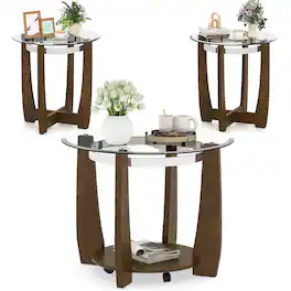 Costway - Tempered Glass Coffee Table Set of 3, 2-Tier Coffee Table & 2 Round End Tables - Transparent & Walnut